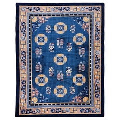 Vintage Art Deco Chinese Rug in Französisch Blau, Elfenbein, Beige, Marine, Gold