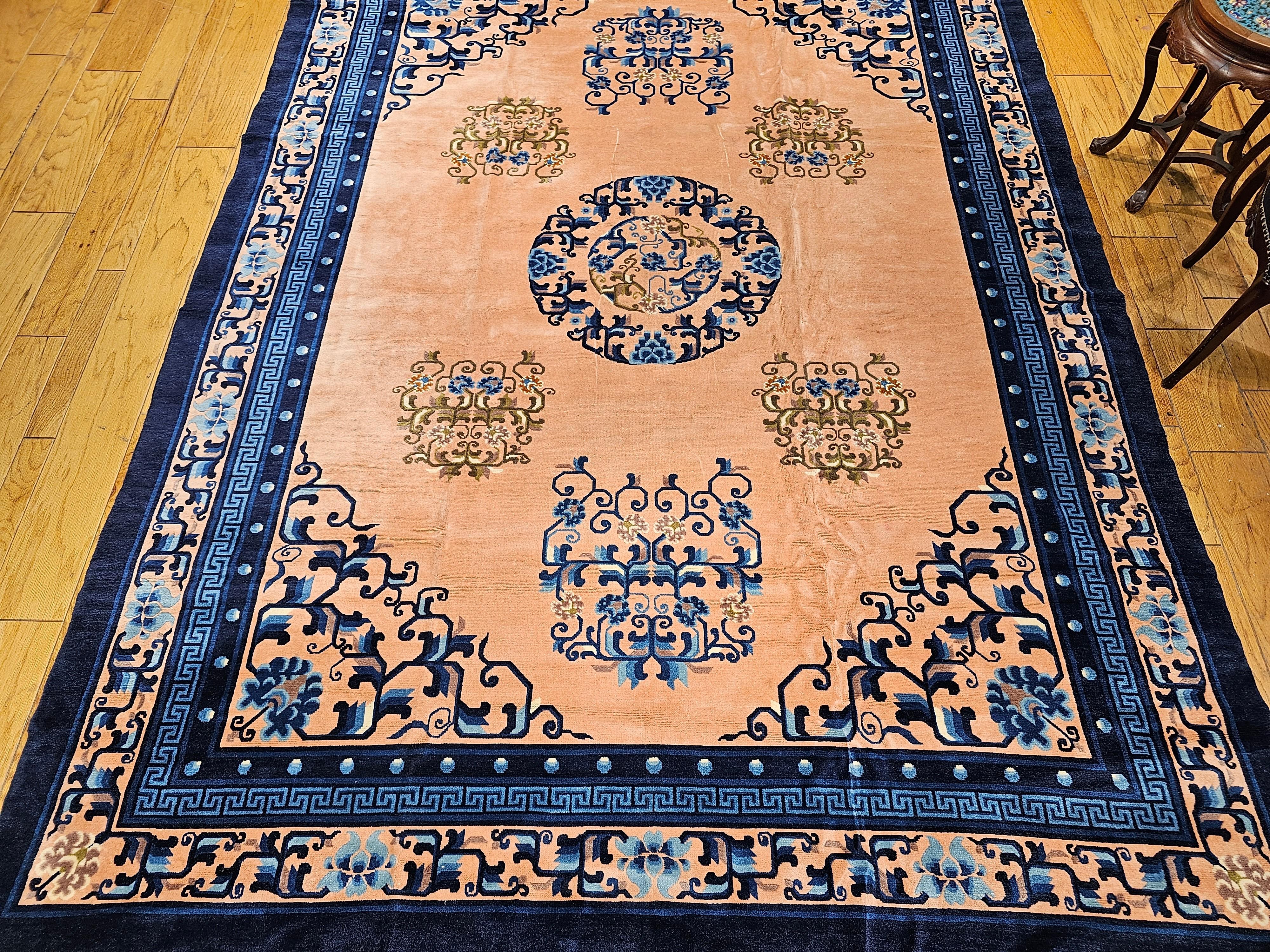 Vintage Art Deco Chinese Rug in Pale Pink, French Blue, Ivory, Green For Sale 6