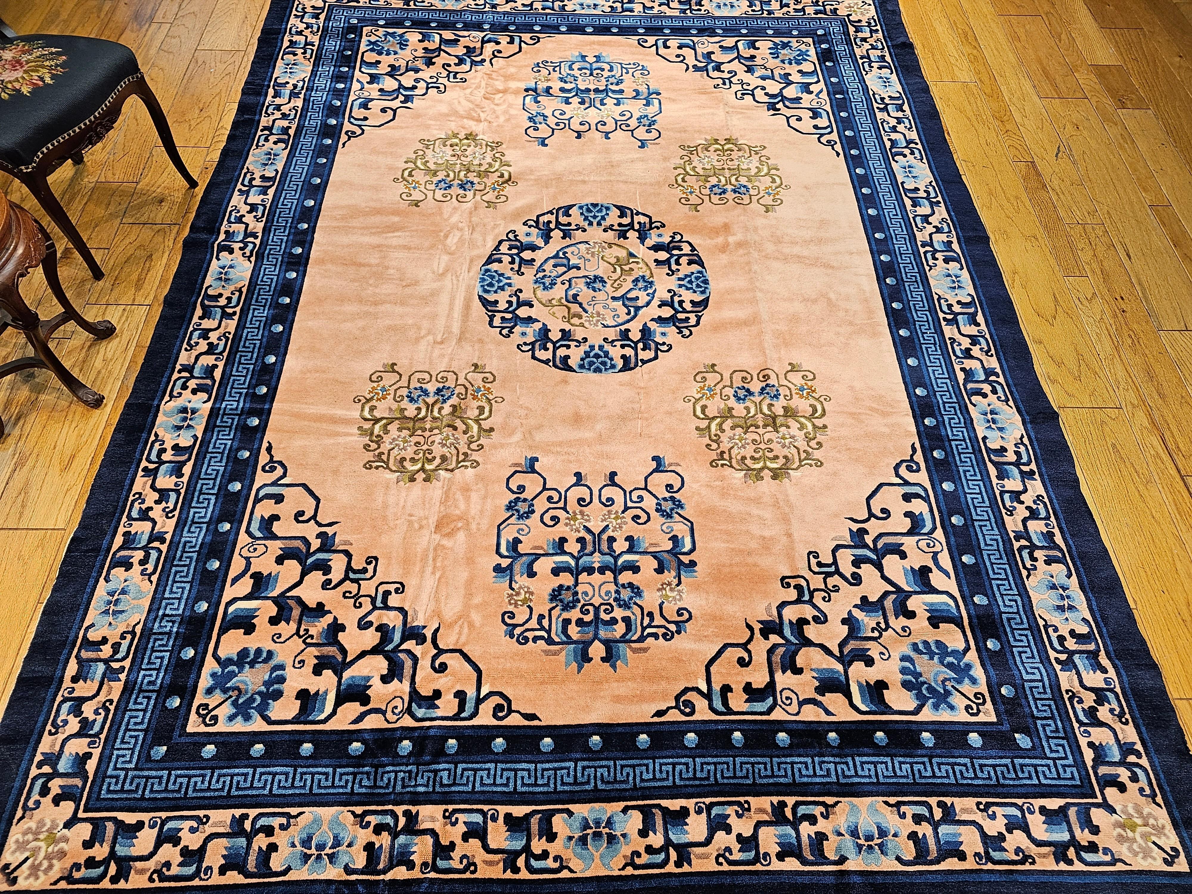 Vintage Art Deco Chinese Rug in Pale Pink, French Blue, Ivory, Green For Sale 9
