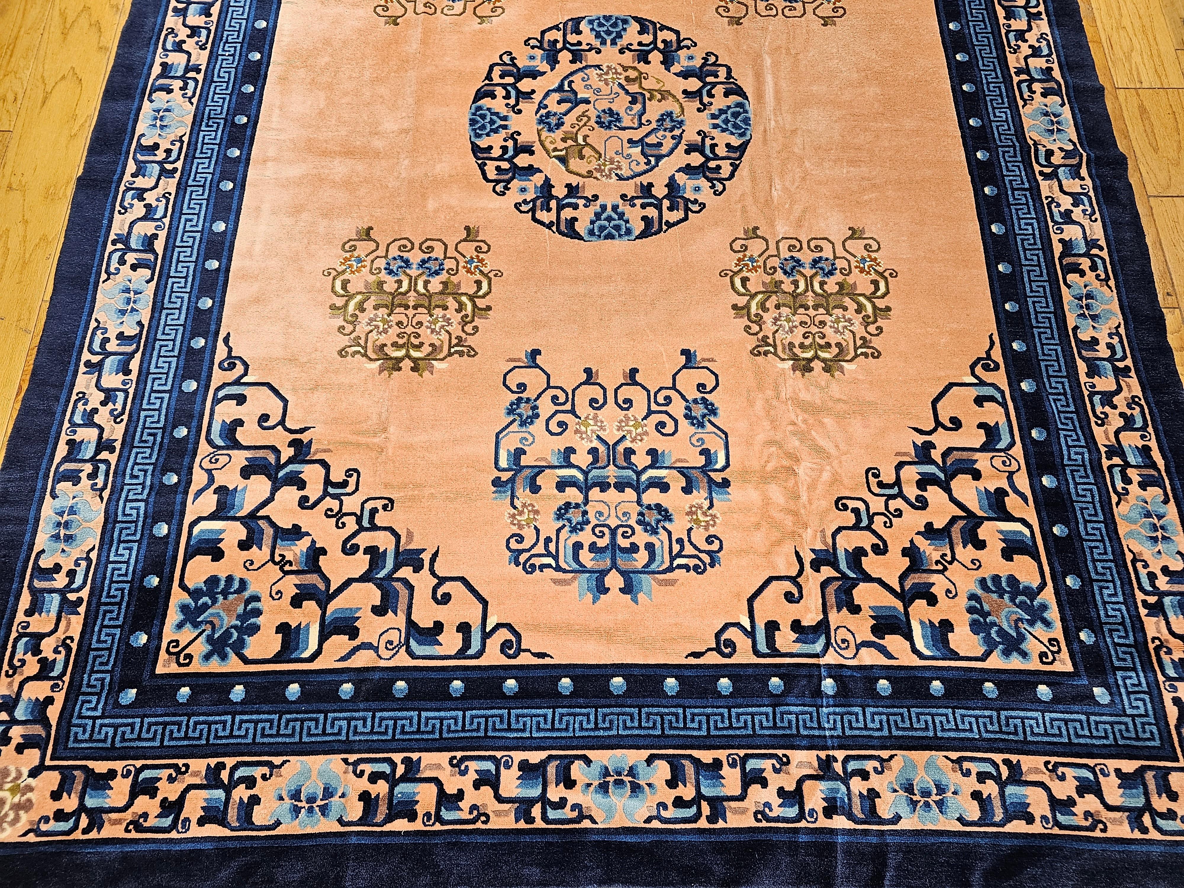 Hand-Knotted Vintage Art Deco Chinese Rug in Pale Pink, French Blue, Ivory, Green For Sale