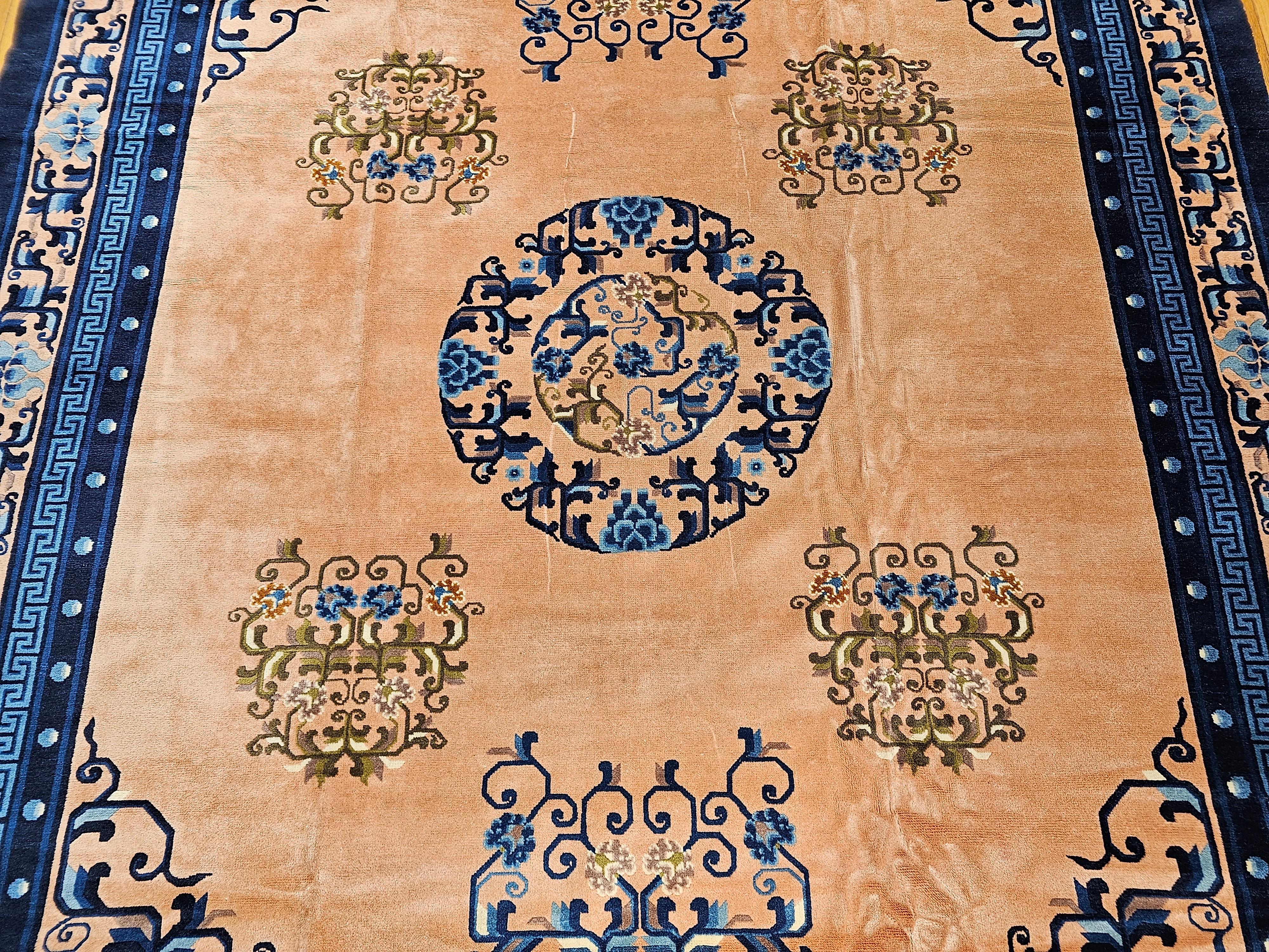 Vintage Art Deco Chinese Rug in Pale Pink, French Blue, Ivory, Green In Good Condition For Sale In Barrington, IL