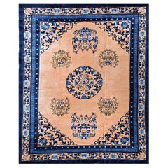 Retro Art Deco Chinese Rug in Pale Pink, French Blue, Ivory, Green