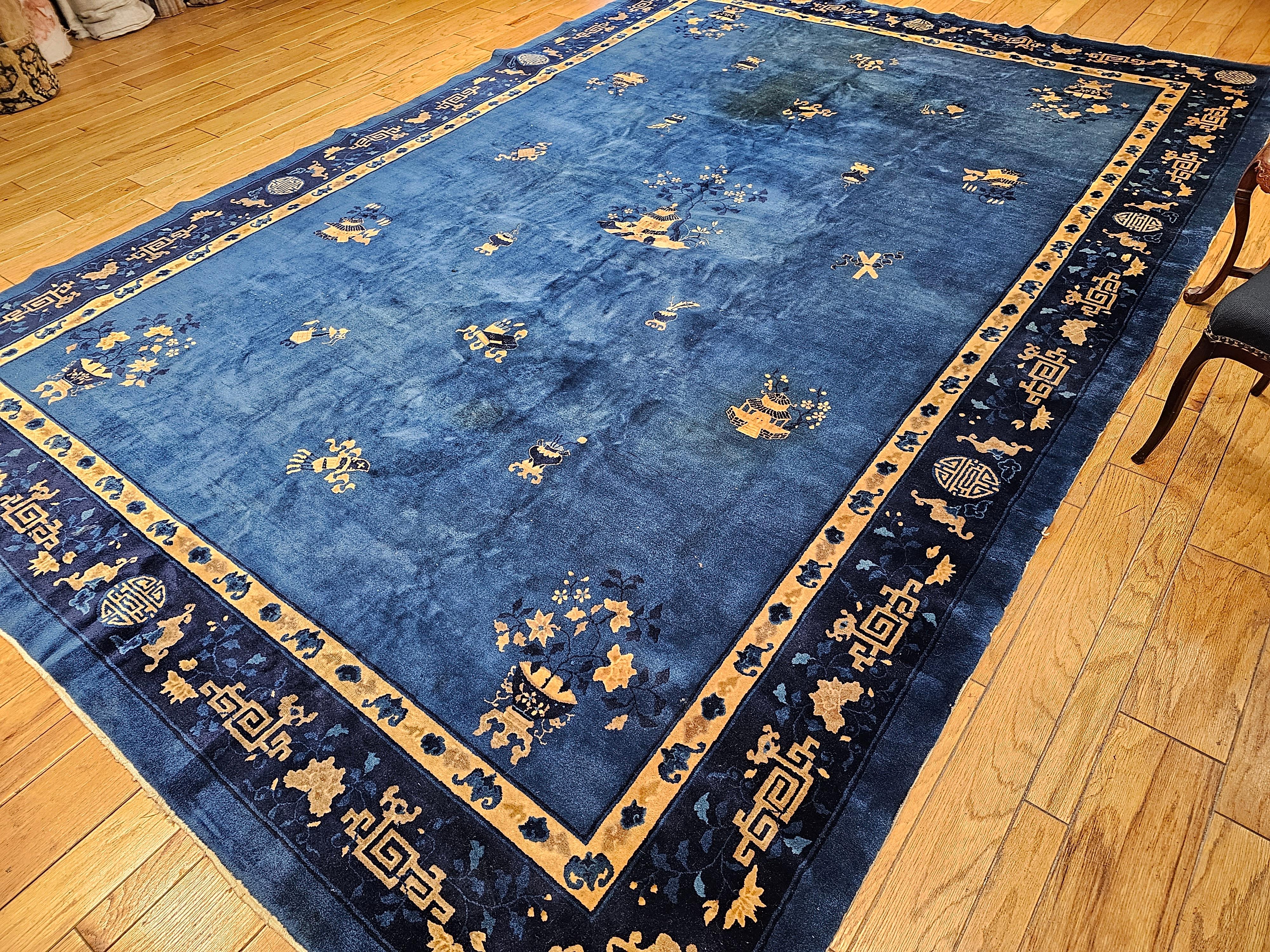 Vintage Art Deco Chinese Rug with Auspicious Symbols in Royal Blue, Navy, Camel For Sale 4