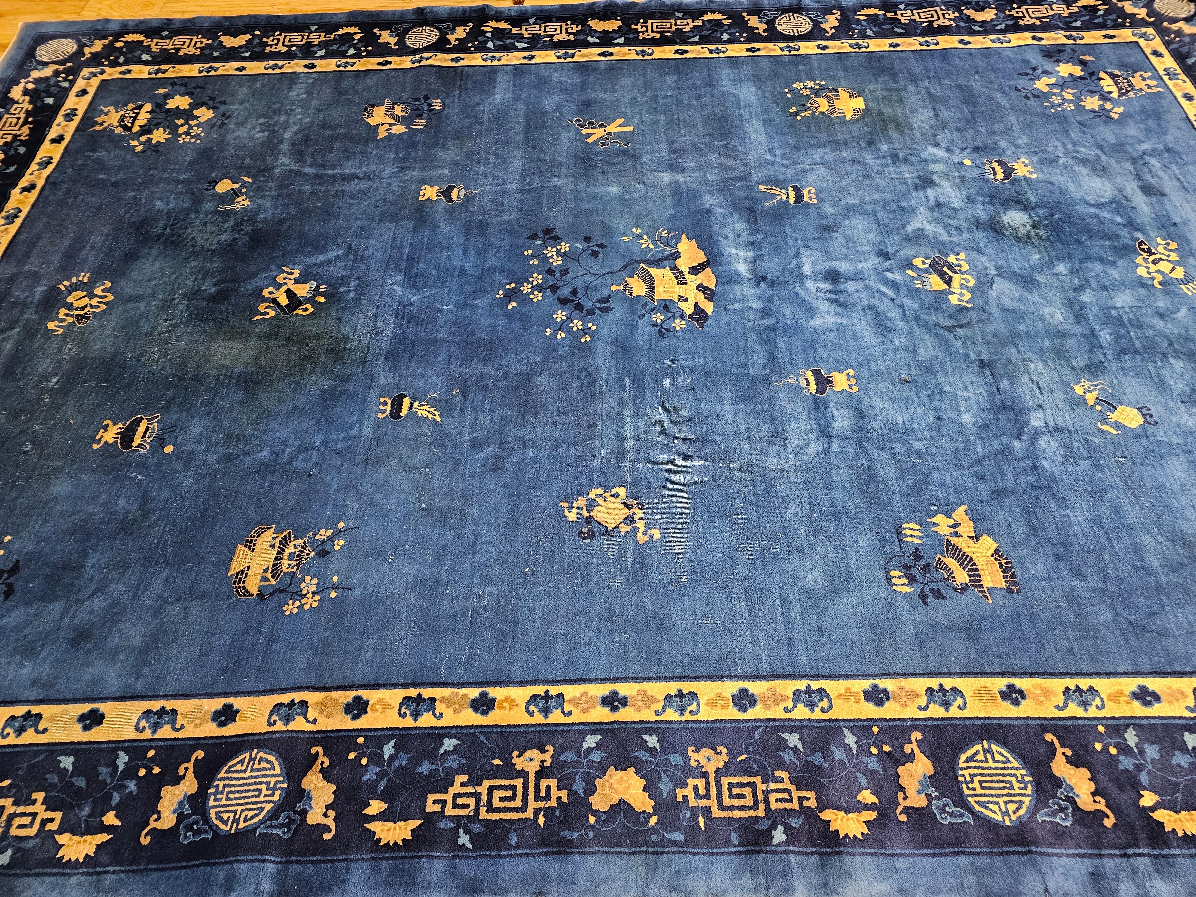 Vintage Art Deco Chinese Rug with Auspicious Symbols in Royal Blue, Navy, Camel For Sale 5