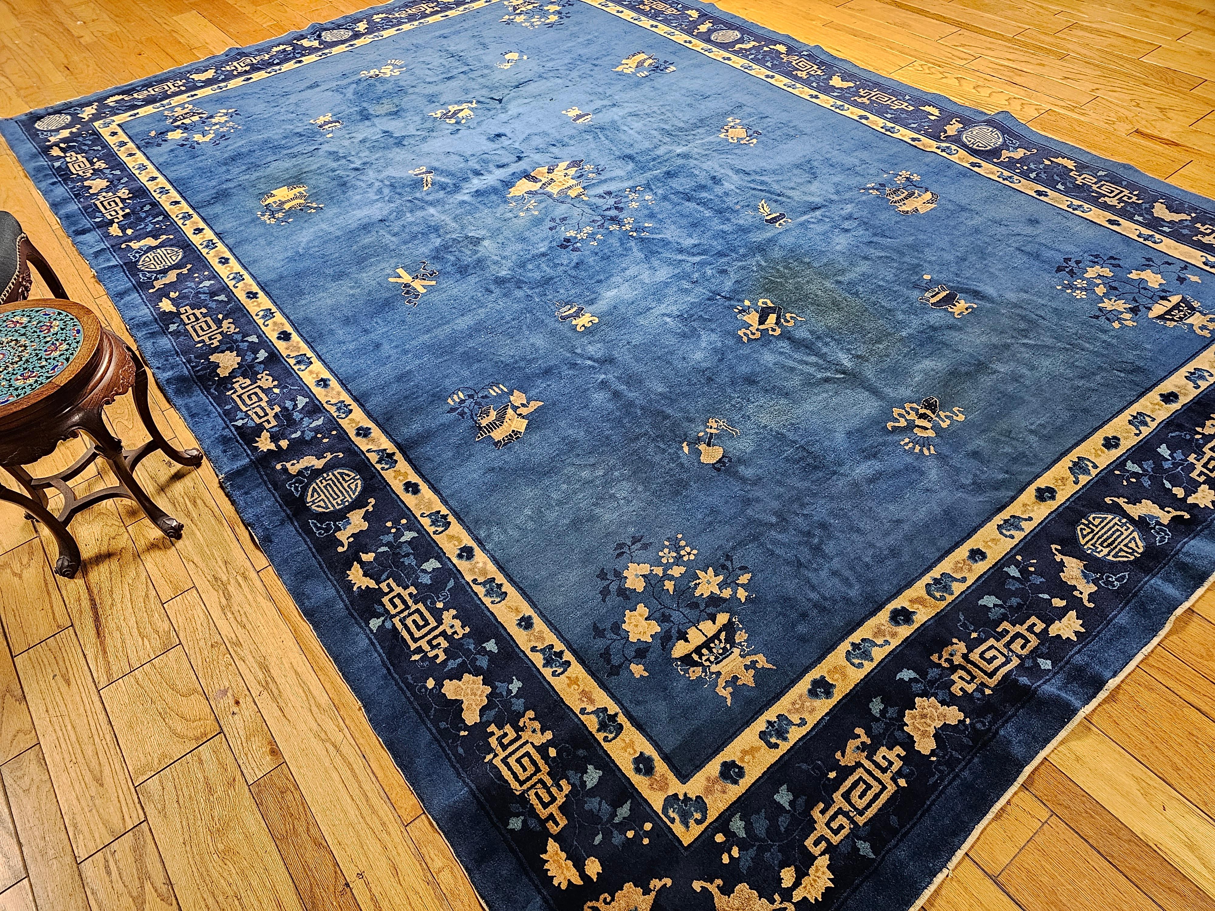 Vintage Art Deco Chinese Rug with Auspicious Symbols in Royal Blue, Navy, Camel For Sale 6