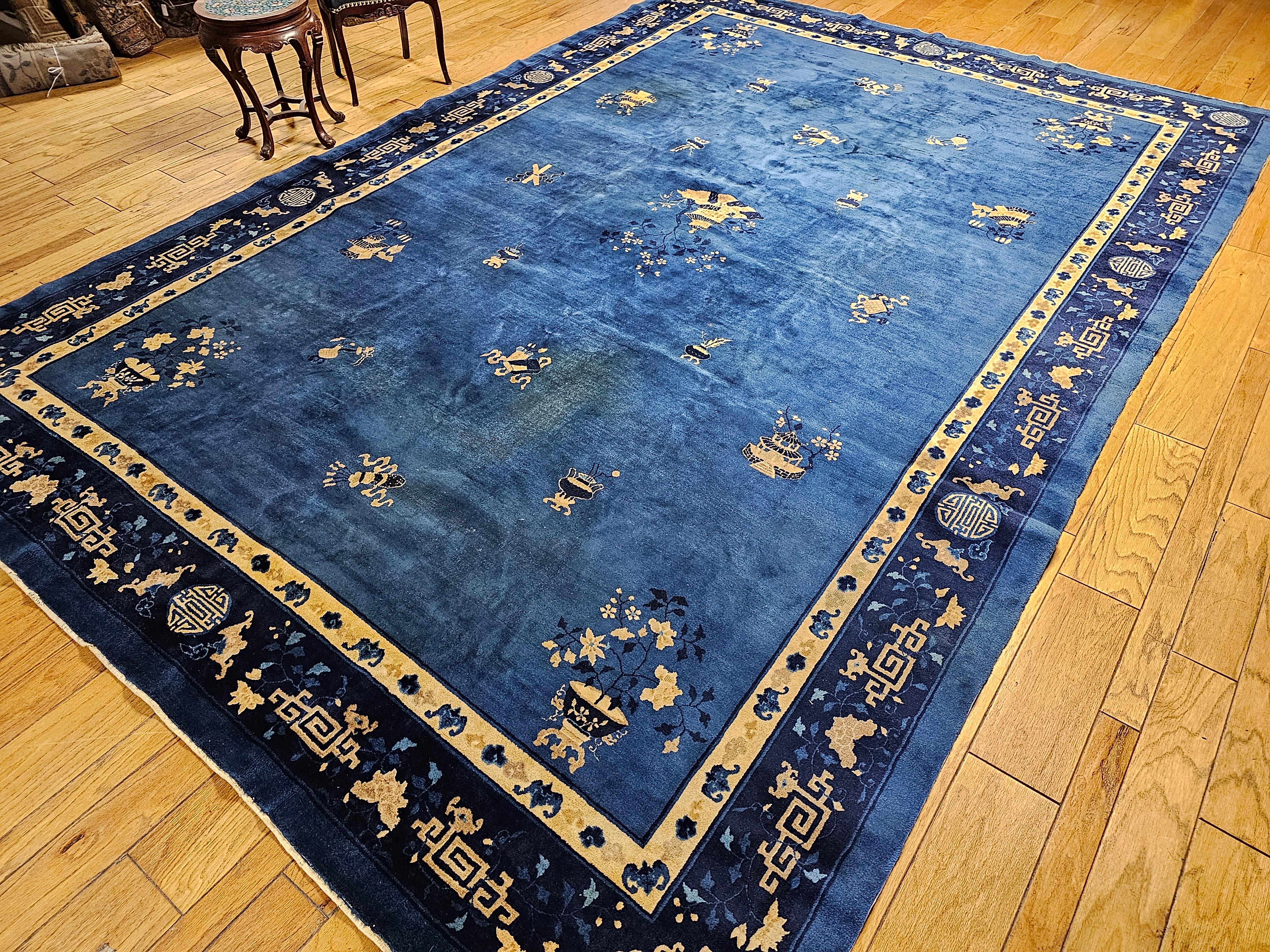 Vintage Art Deco Chinese Rug with Auspicious Symbols in Royal Blue, Navy, Camel For Sale 7