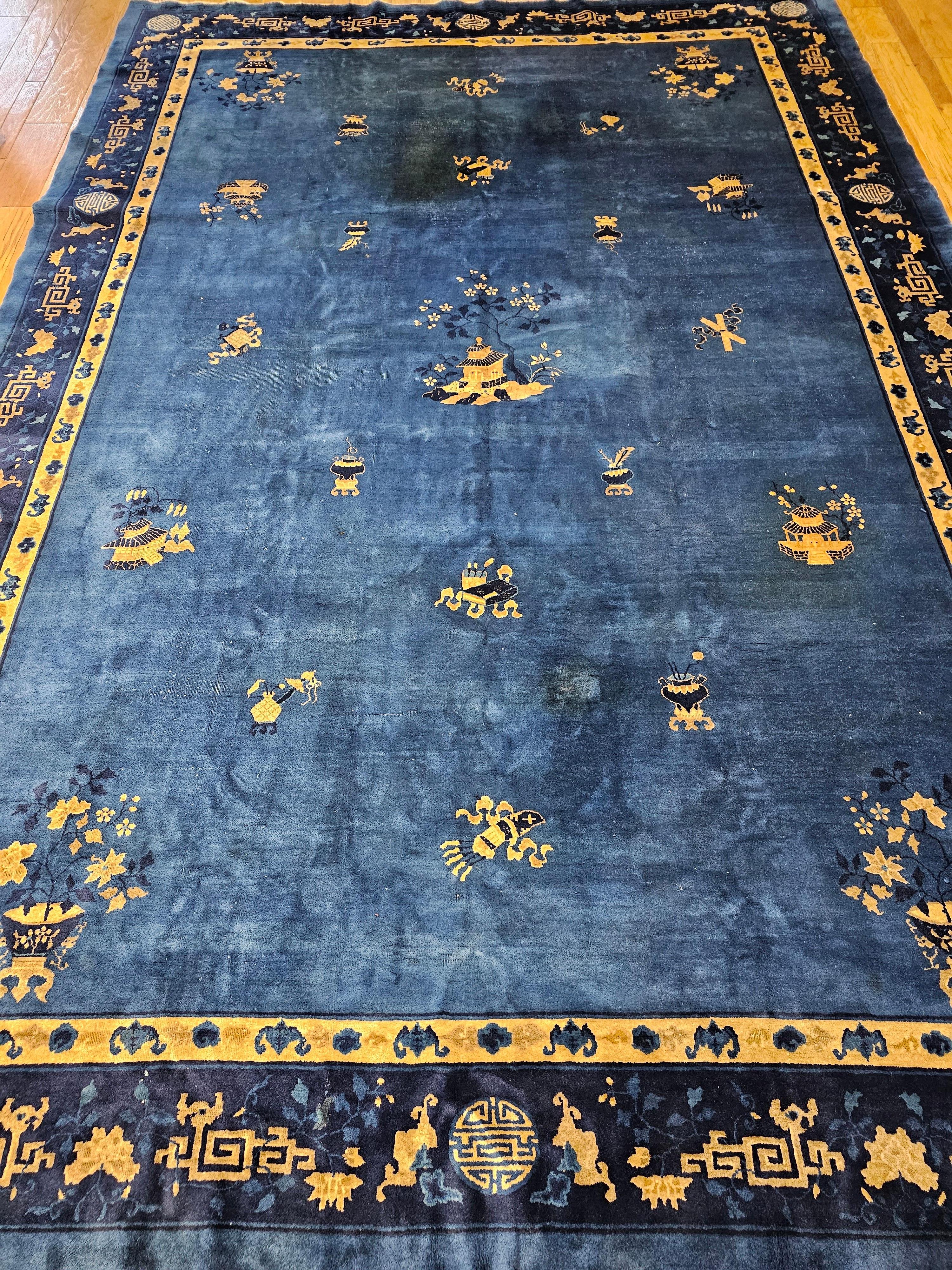 Vintage Art Deco Chinese Rug with Auspicious Symbols in Royal Blue, Navy, Camel For Sale 9