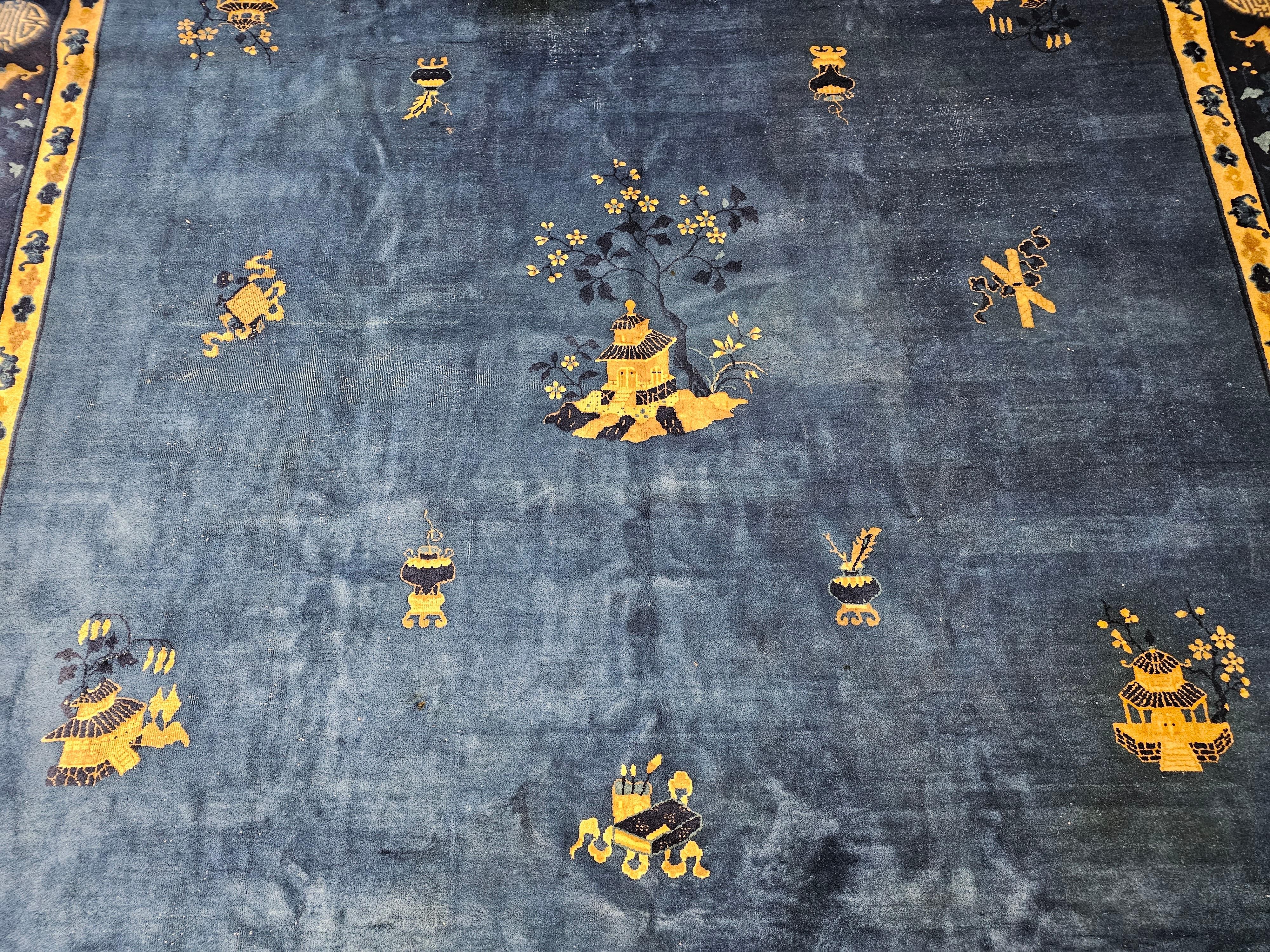 Vintage Art Deco Chinese Rug with Auspicious Symbols in Royal Blue, Navy, Camel In Good Condition For Sale In Barrington, IL