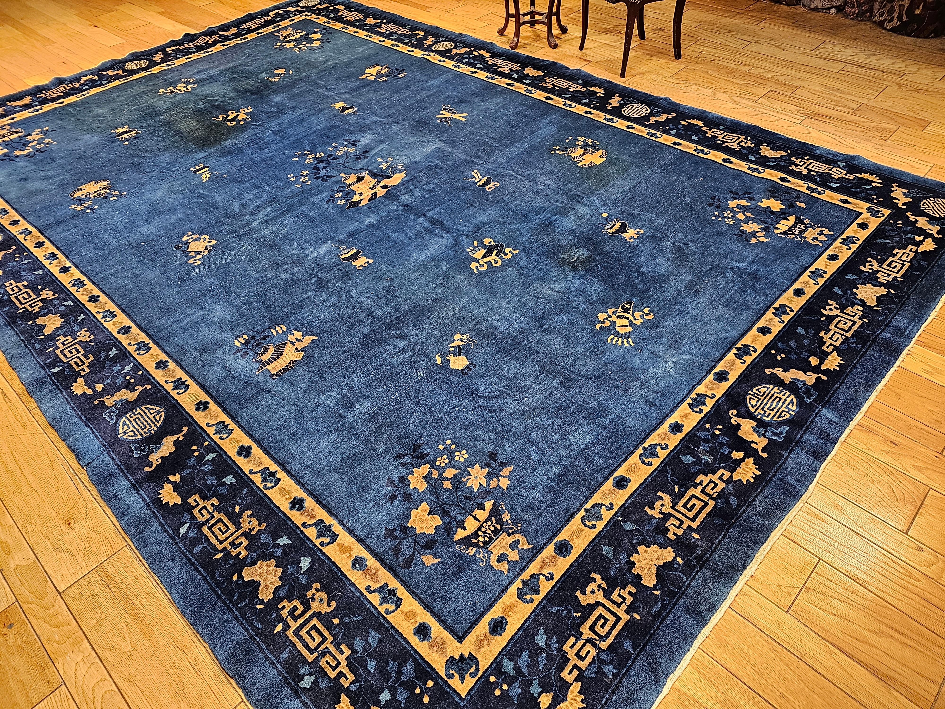 Vintage Art Deco Chinese Rug with Auspicious Symbols in Royal Blue, Navy, Camel For Sale 3