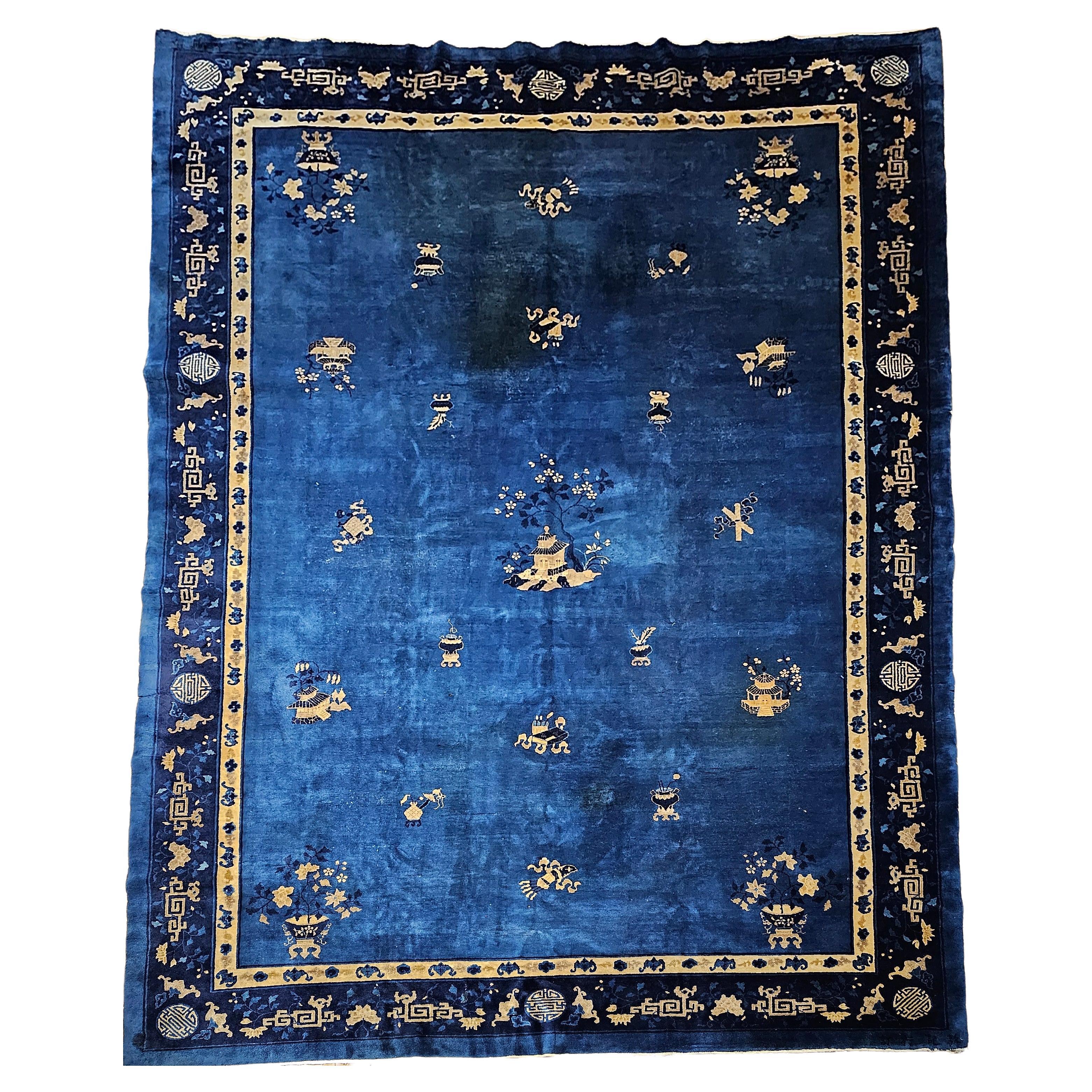 Vintage Art Deco Chinese Rug with Auspicious Symbols in Royal Blue, Navy, Camel For Sale