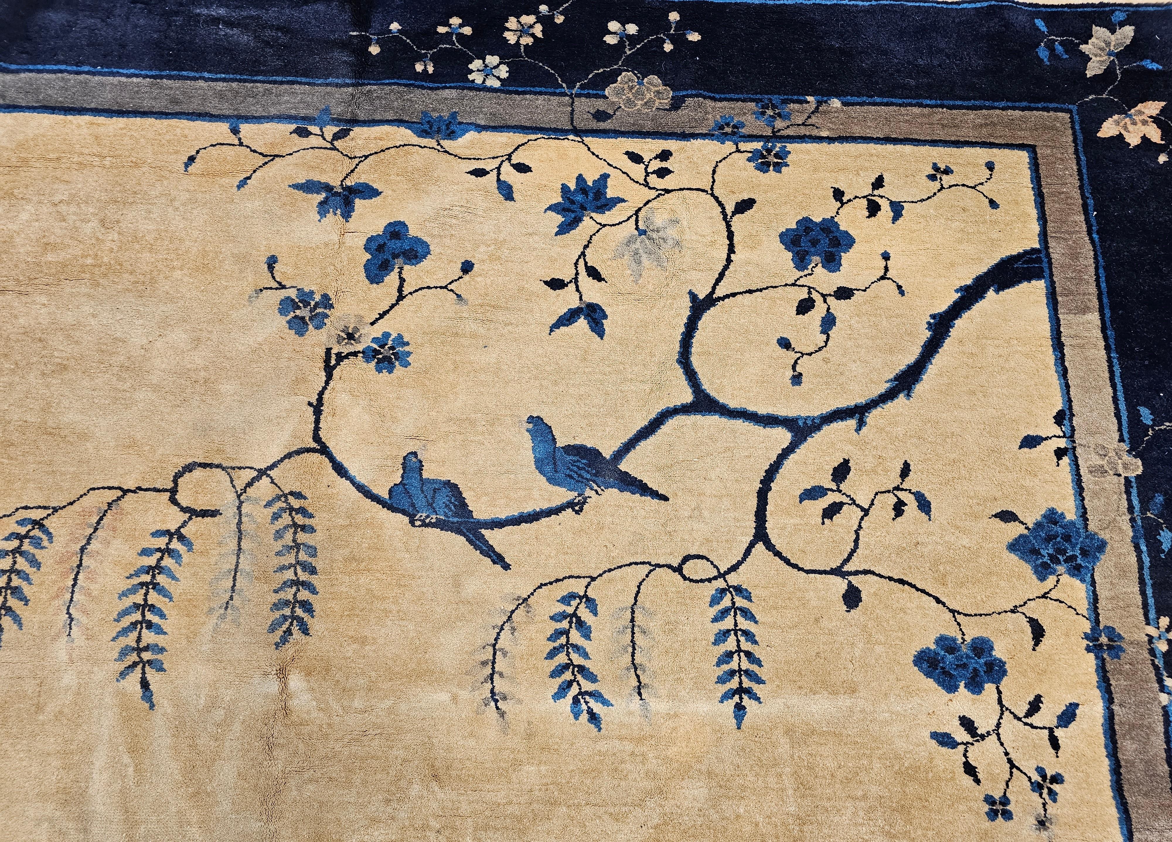 Vintage Art Deco Chinese Rug with Cranes, Pagoda, Mountains in Wheat, Blue, Navy For Sale 4