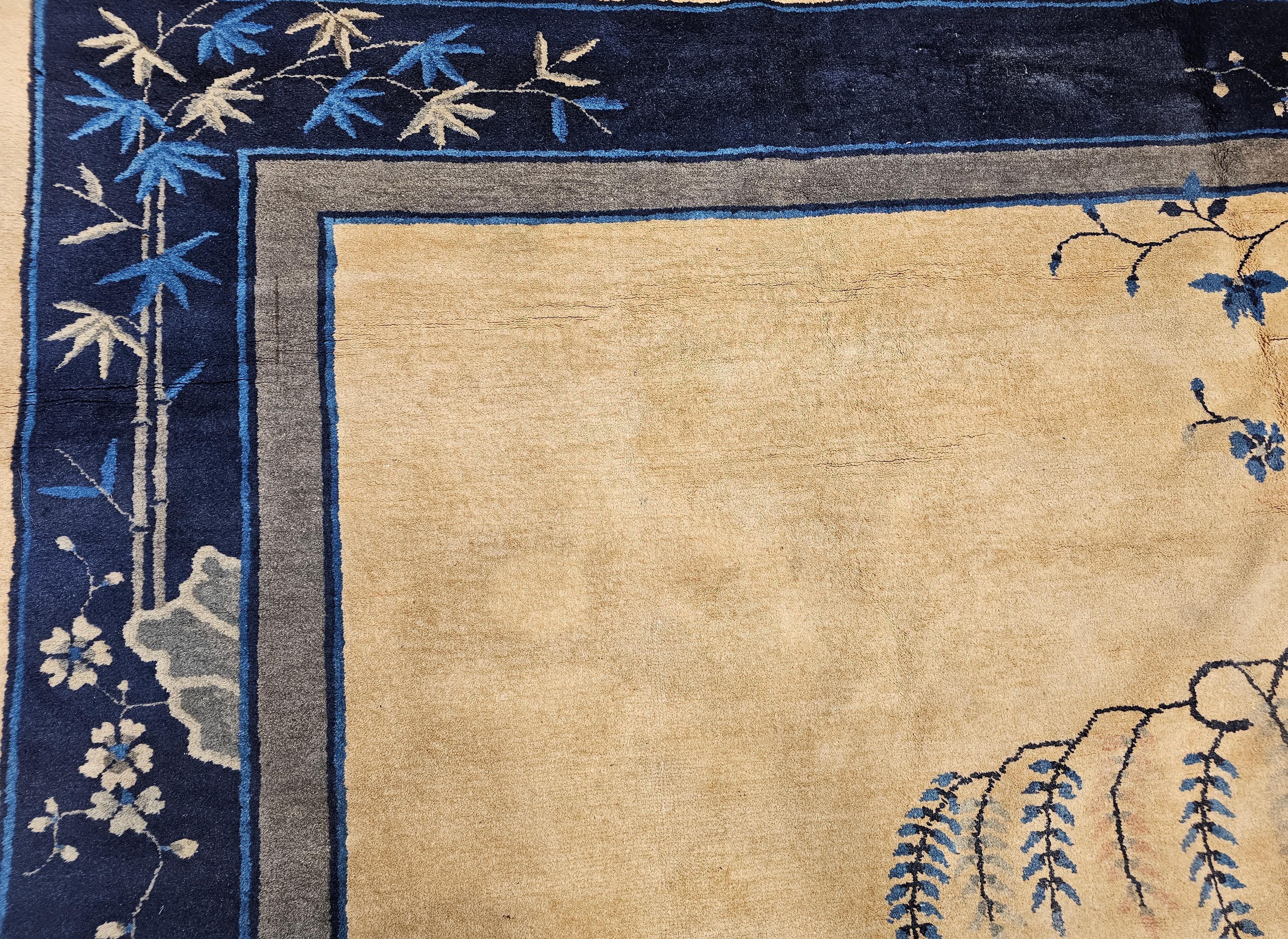 Tapis chinois Art Déco vintage avec grues, pagode, montagnes en blé, bleu, bleu marine en vente 4