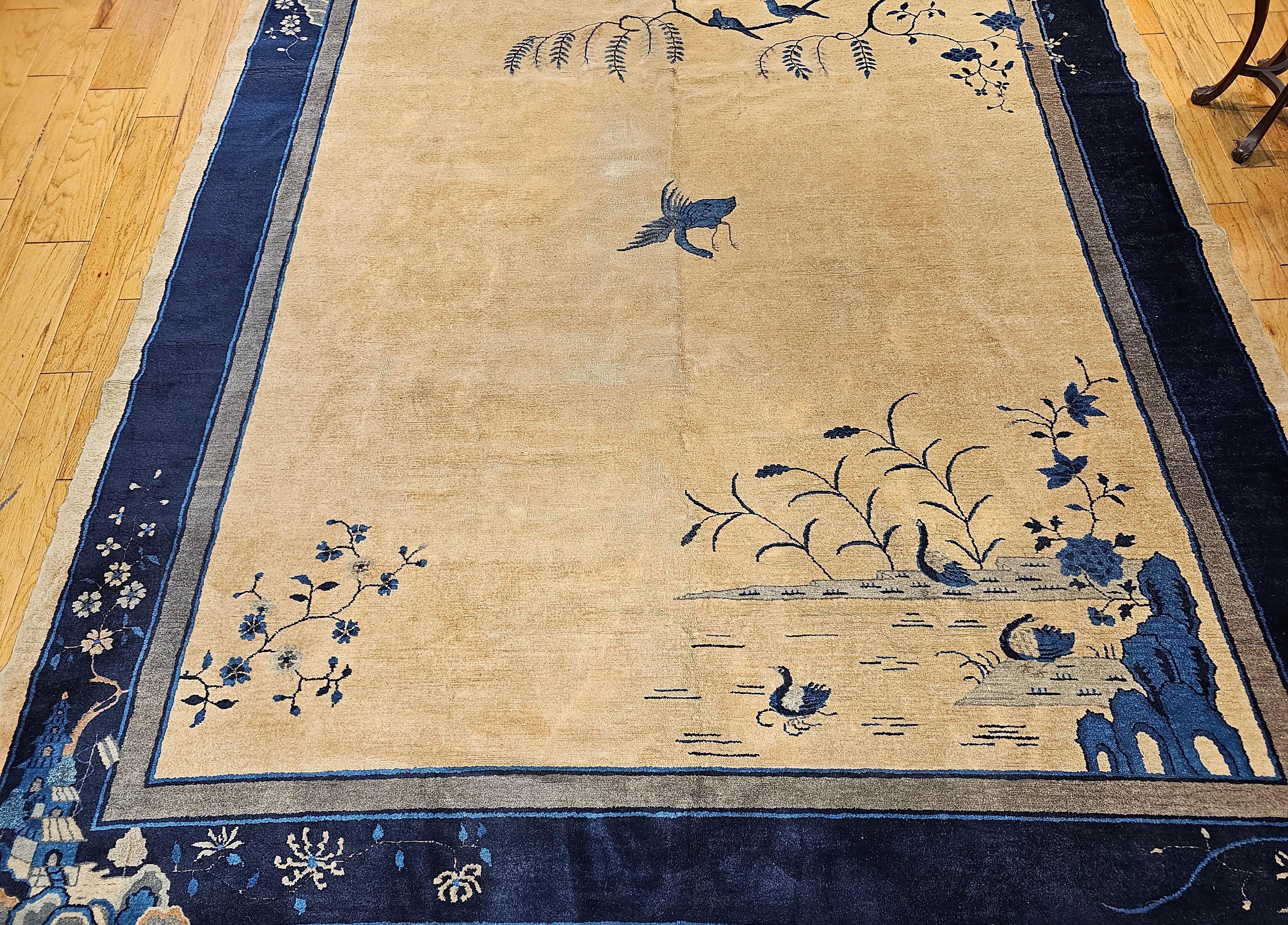 Vintage Art Deco Chinese Rug with Cranes, Pagoda, Mountains in Wheat, Blue, Navy For Sale 7