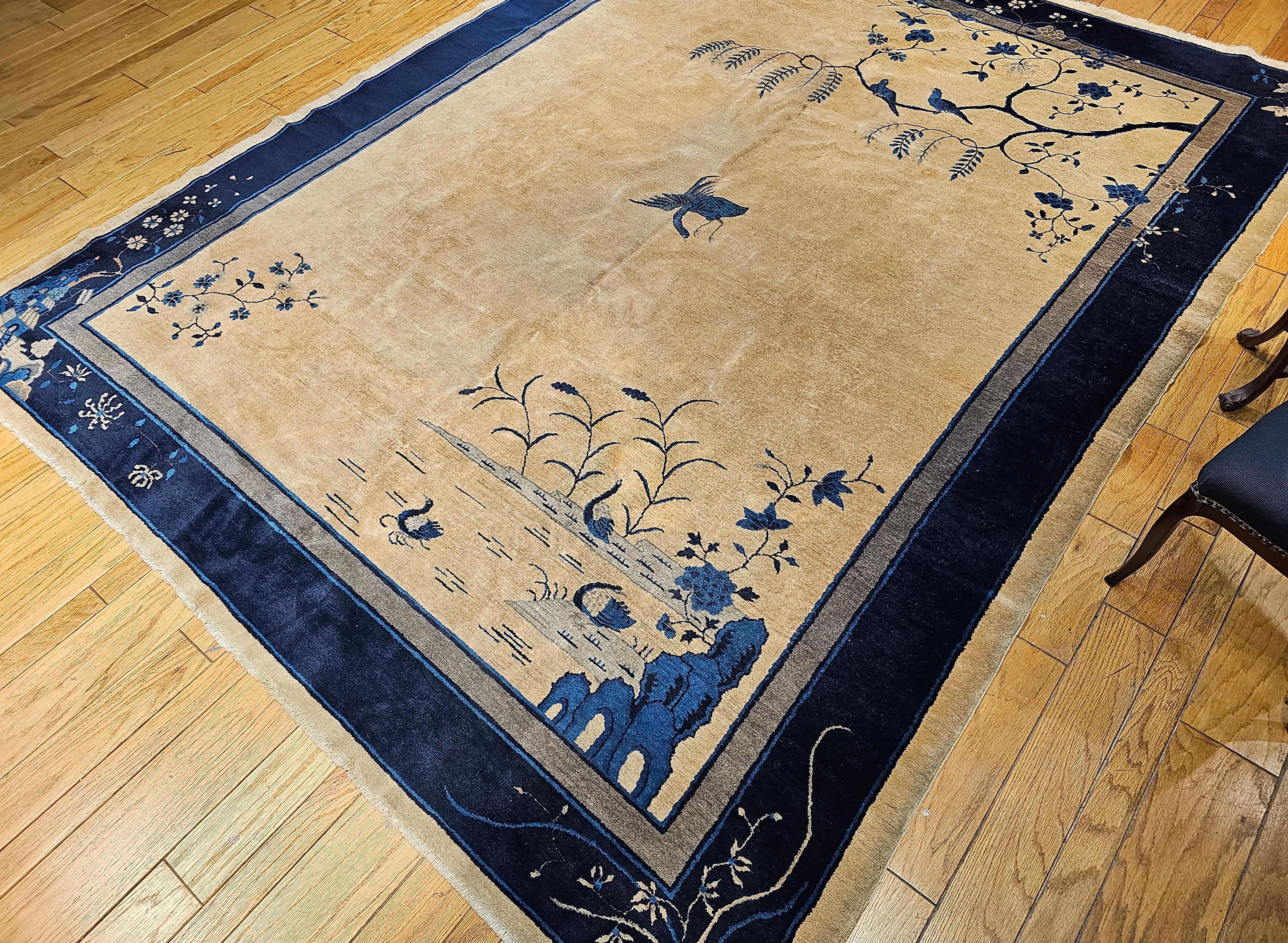 Vintage Art Deco Chinese Rug with Cranes, Pagoda, Mountains in Wheat, Blue, Navy For Sale 8
