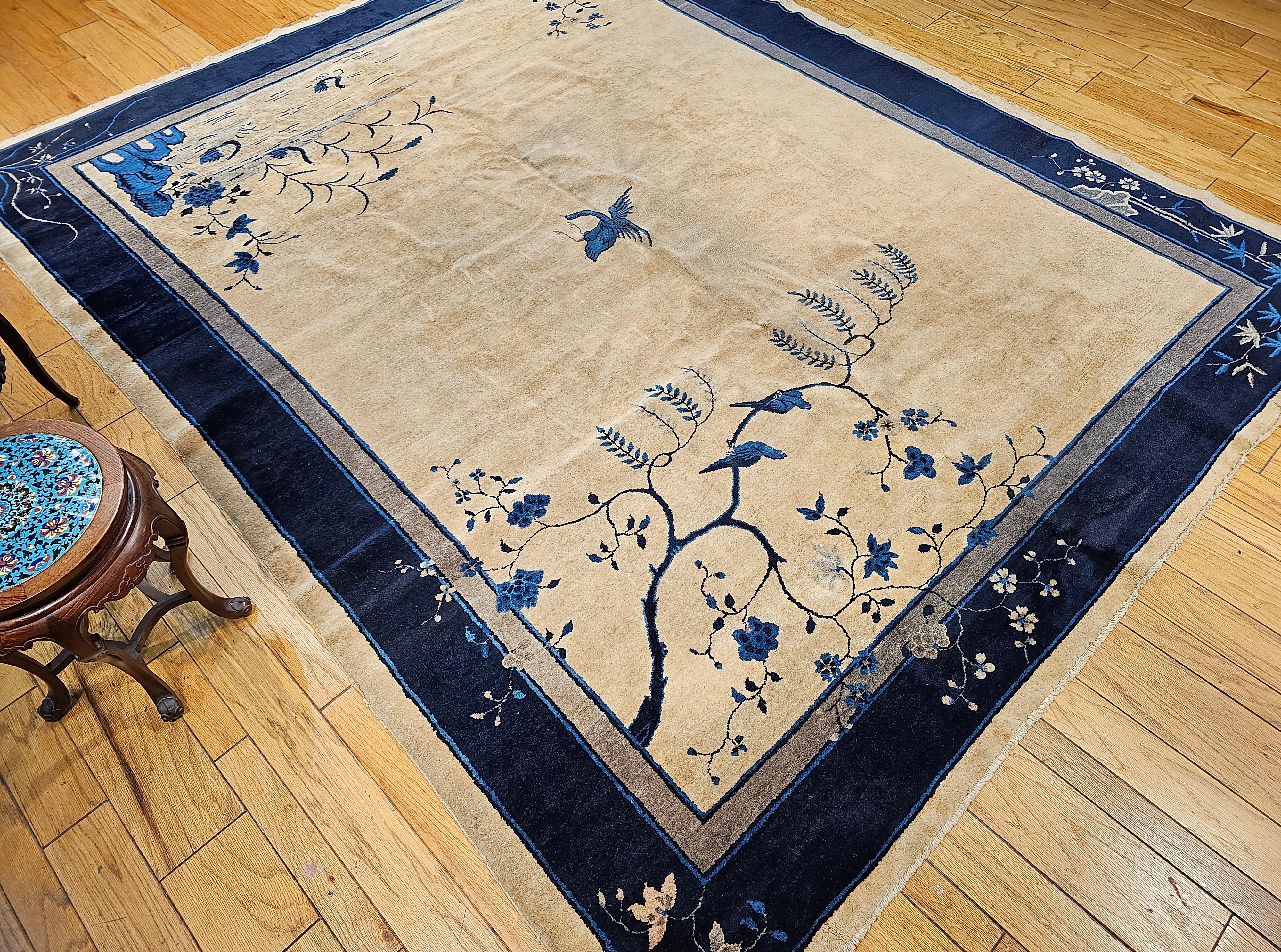 Vintage Art Deco Chinese Rug with Cranes, Pagoda, Mountains in Wheat, Blue, Navy For Sale 9