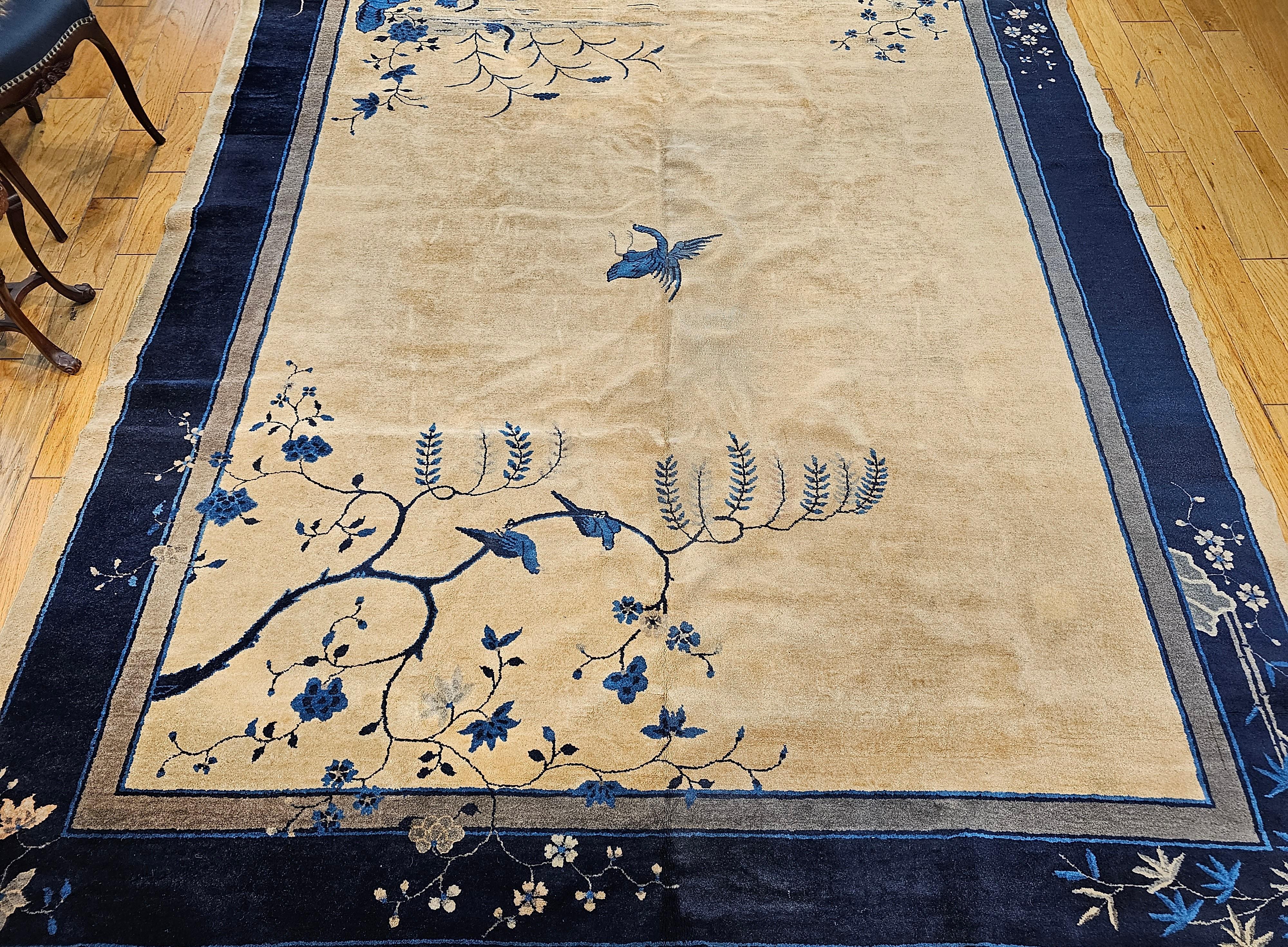 Vintage Art Deco Chinese Rug with Cranes, Pagoda, Mountains in Wheat, Blue, Navy For Sale 10