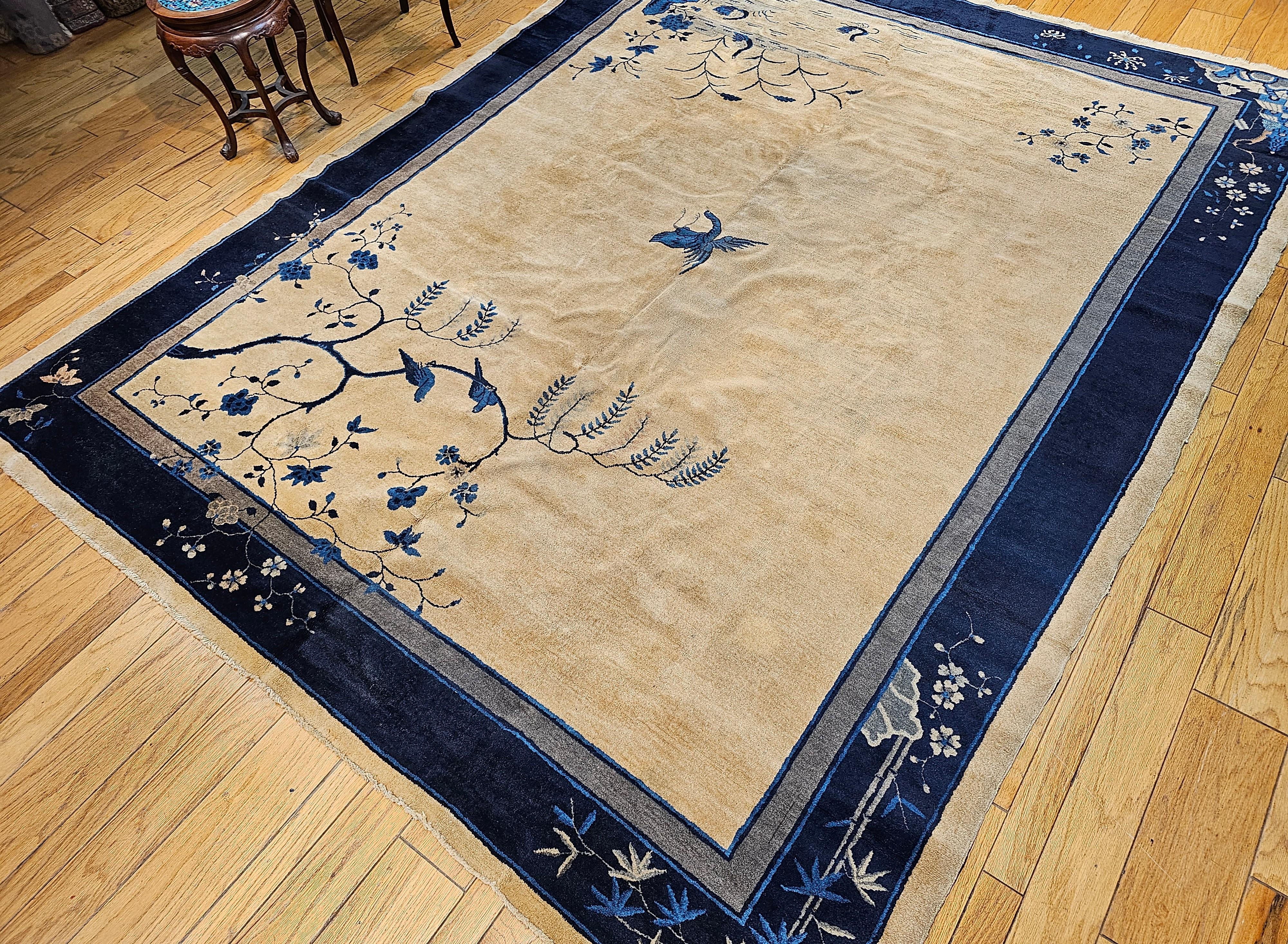 Vintage Art Deco Chinese Rug with Cranes, Pagoda, Mountains in Wheat, Blue, Navy For Sale 11
