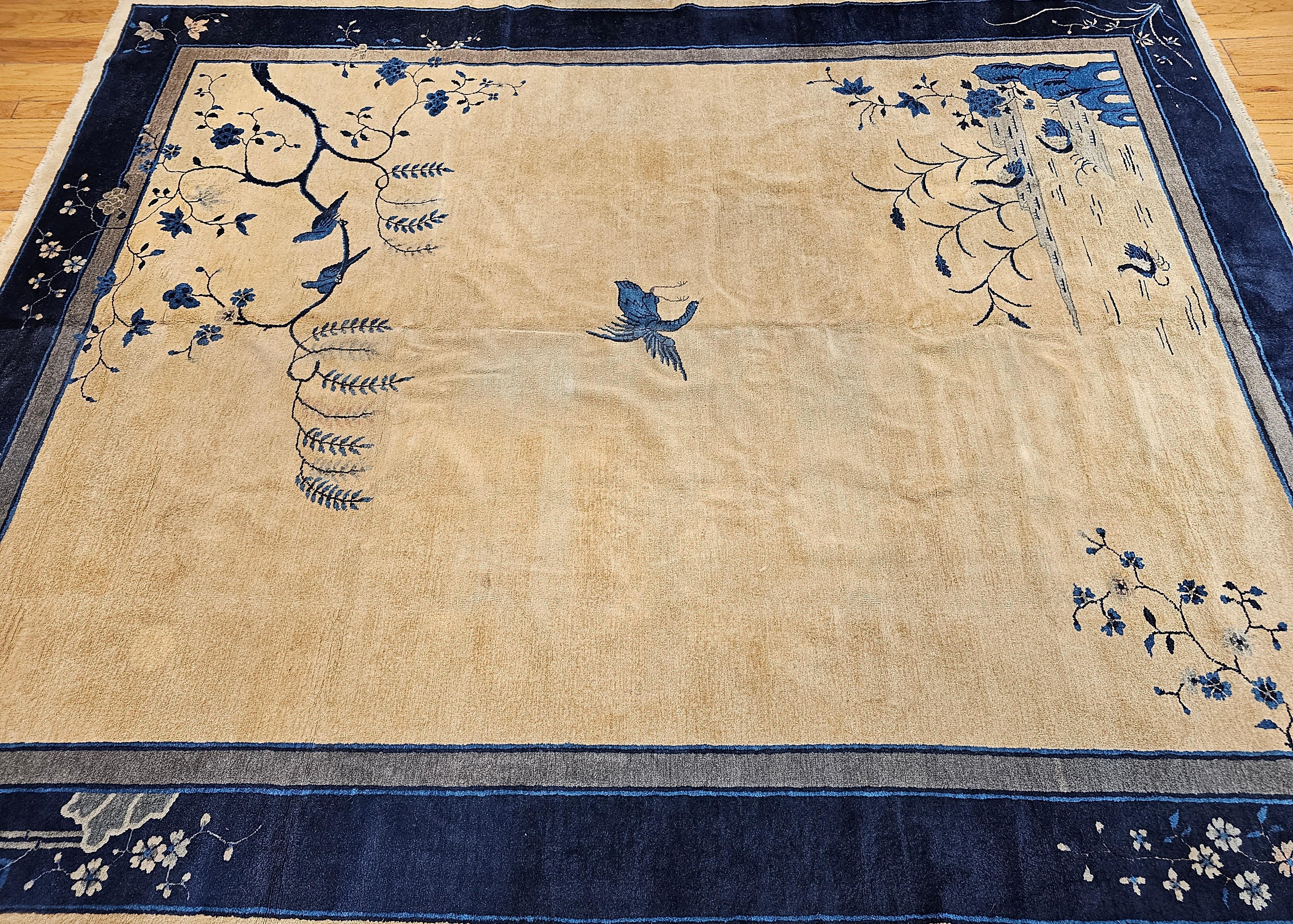 Vintage Art Deco Chinese Rug with Cranes, Pagoda, Mountains in Wheat, Blue, Navy For Sale 12