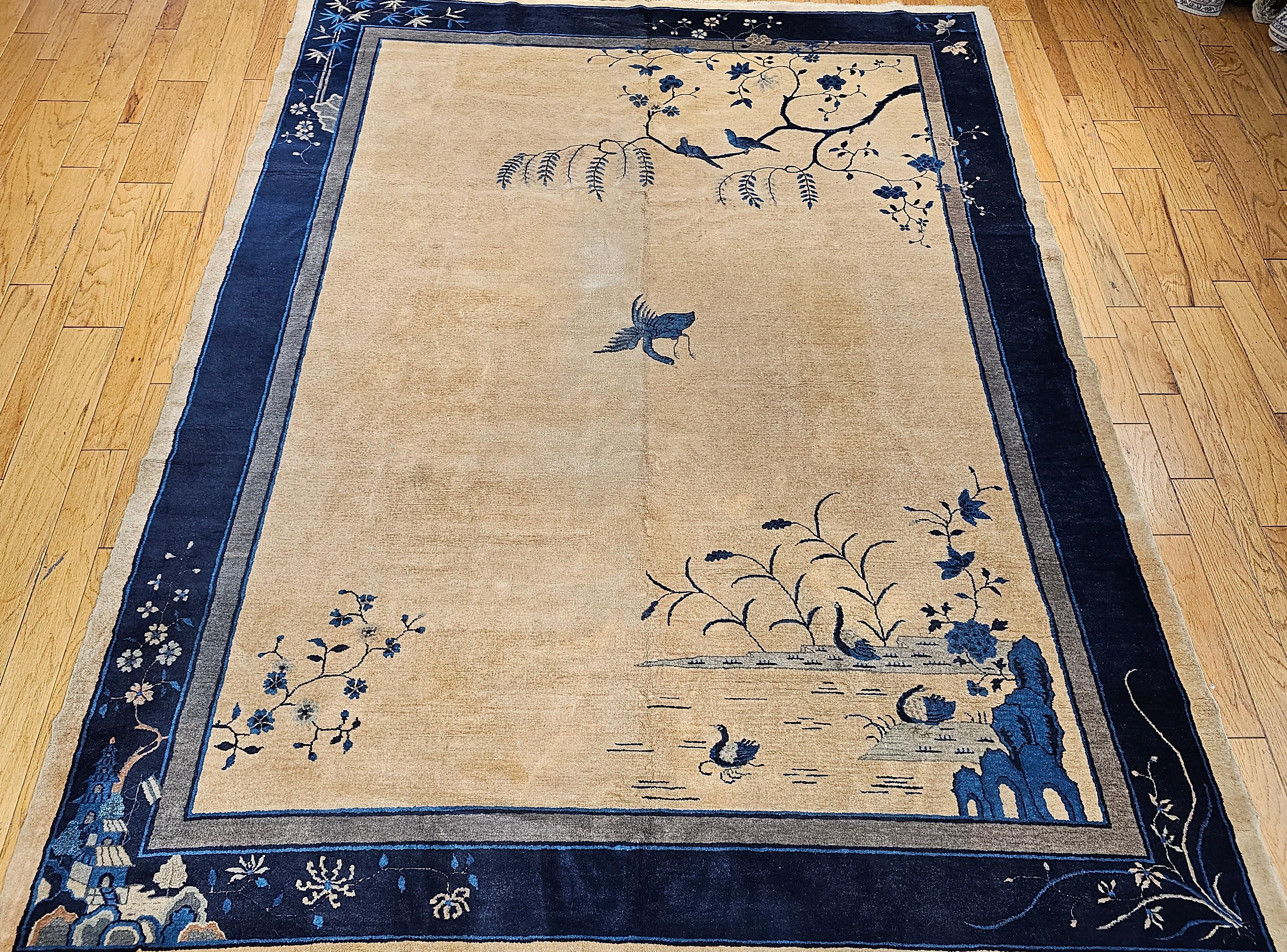 Vintage Art Deco Chinese Rug with Cranes, Pagoda, Mountains in Wheat, Blue, Navy For Sale 13