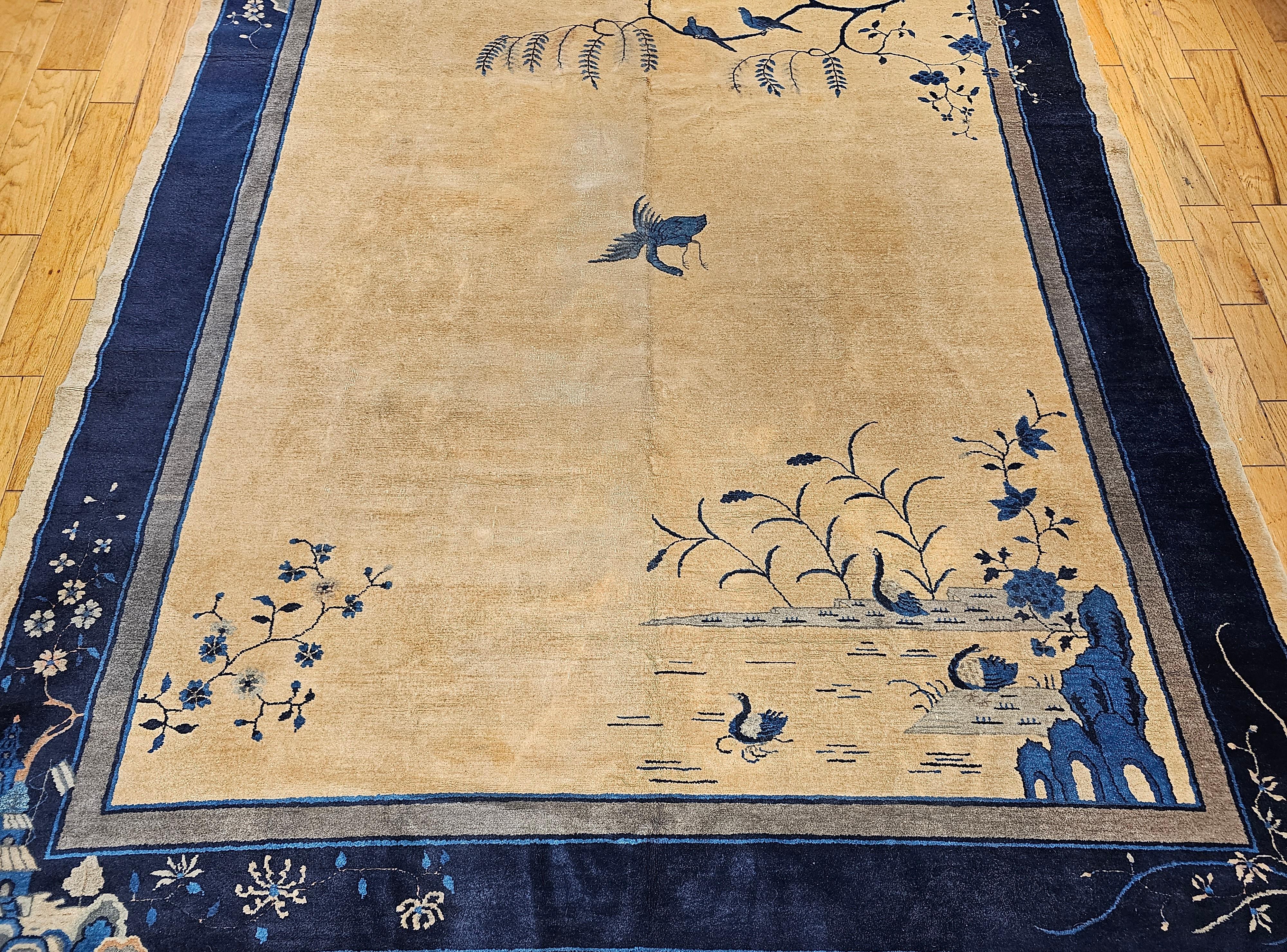 Hand-Knotted Vintage Art Deco Chinese Rug with Cranes, Pagoda, Mountains in Wheat, Blue, Navy For Sale
