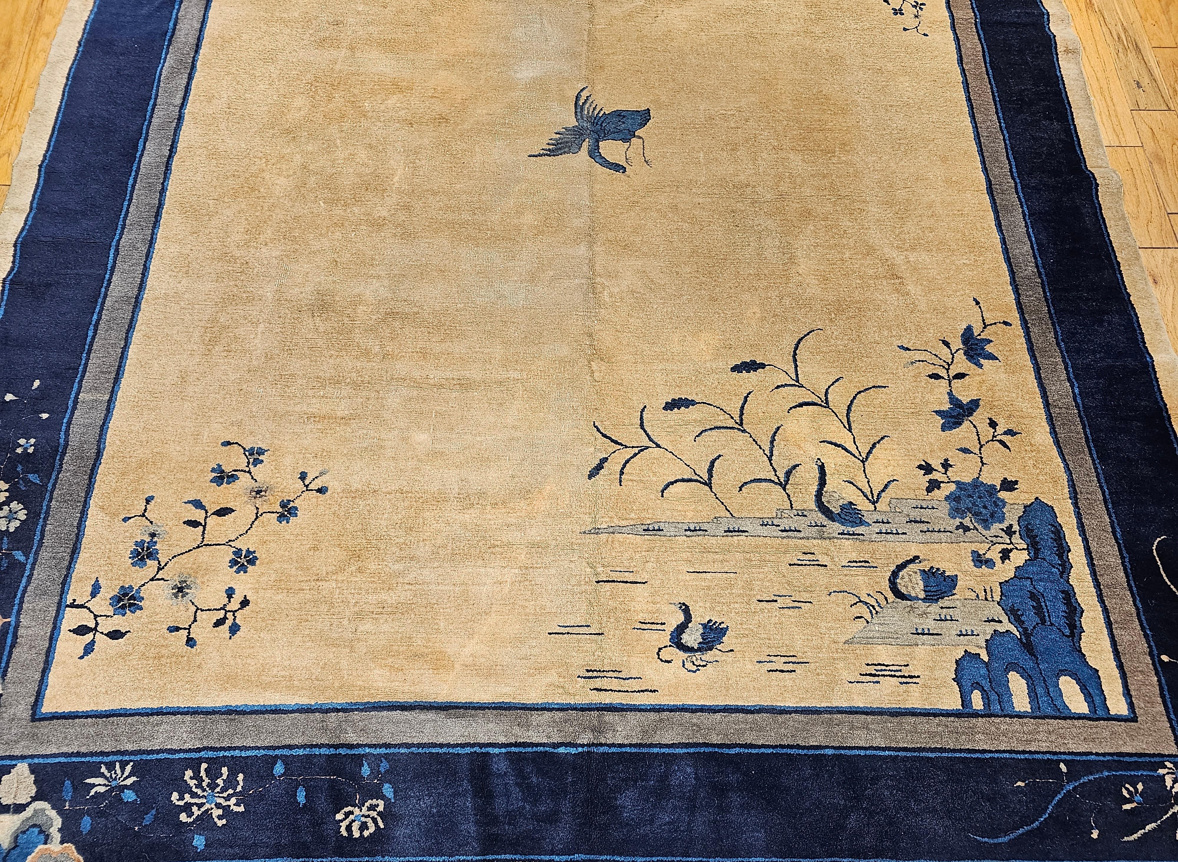 Vintage Art Deco Chinese Rug with Cranes, Pagoda, Mountains in Wheat, Blue, Navy In Good Condition For Sale In Barrington, IL