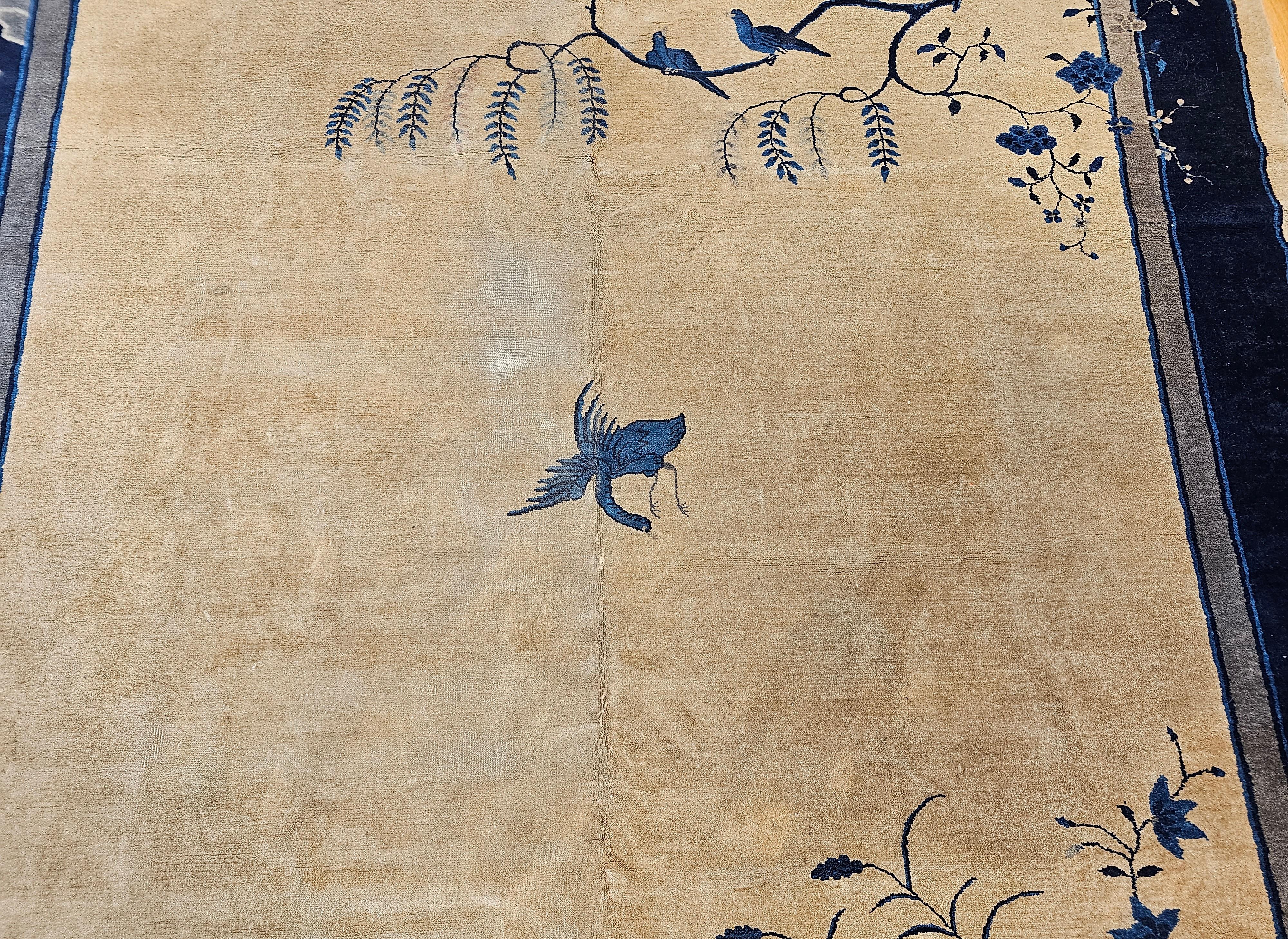 Tapis chinois Art Déco vintage avec grues, pagode, montagnes en blé, bleu, bleu marine Bon état - En vente à Barrington, IL