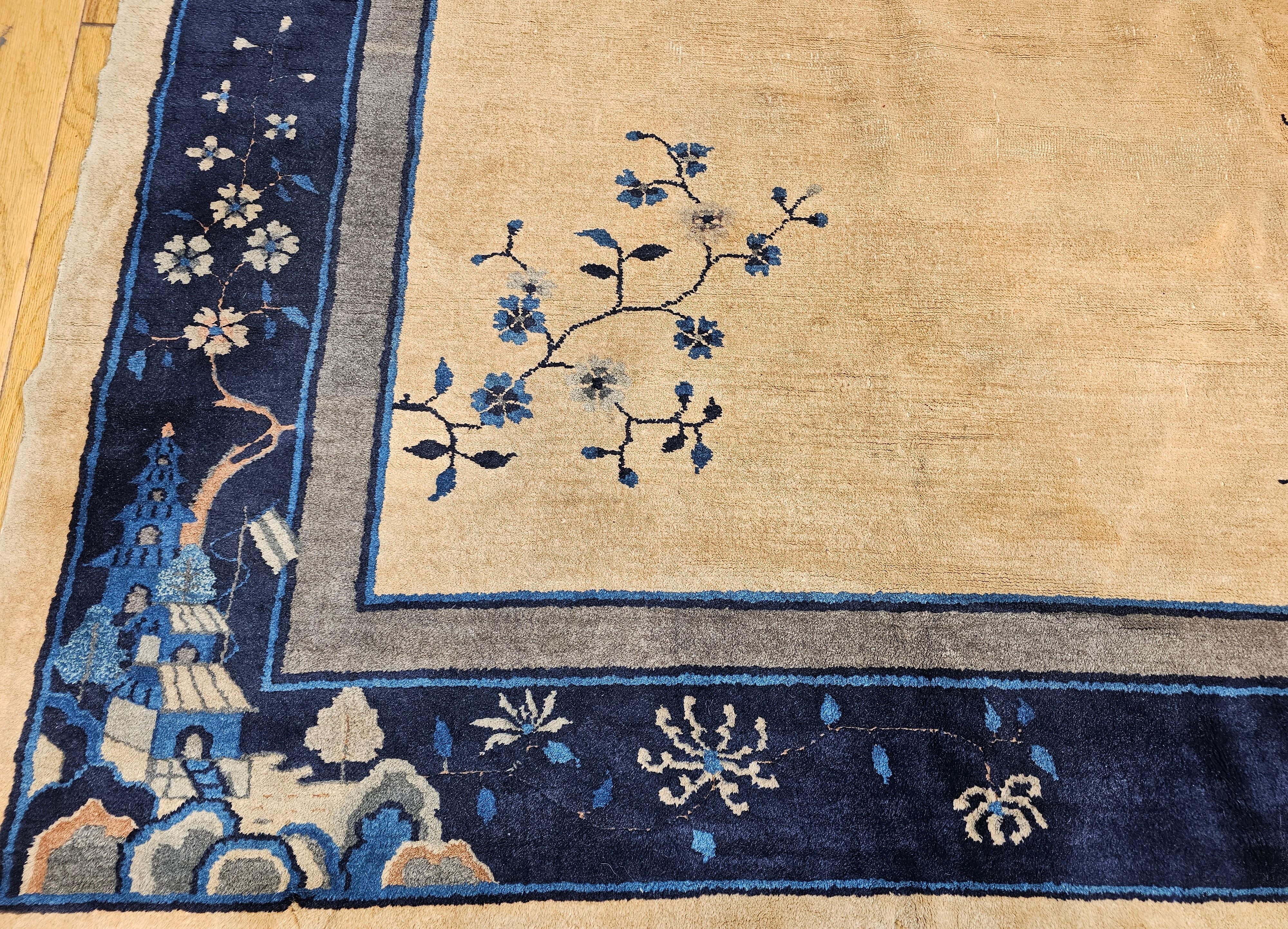 Laine Tapis chinois Art Déco vintage avec grues, pagode, montagnes en blé, bleu, bleu marine en vente