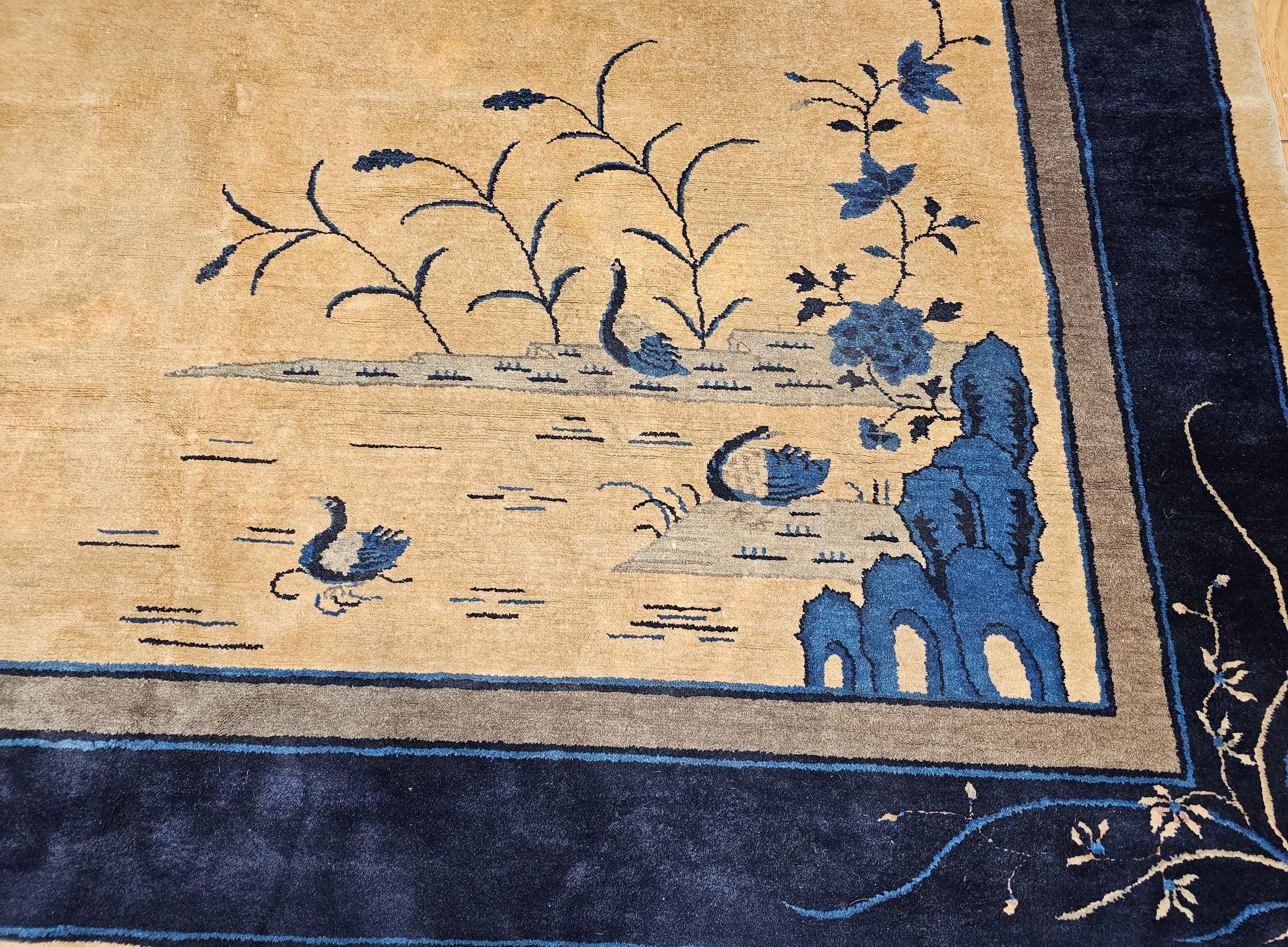 Vintage Art Deco Chinese Rug with Cranes, Pagoda, Mountains in Wheat, Blue, Navy For Sale 2