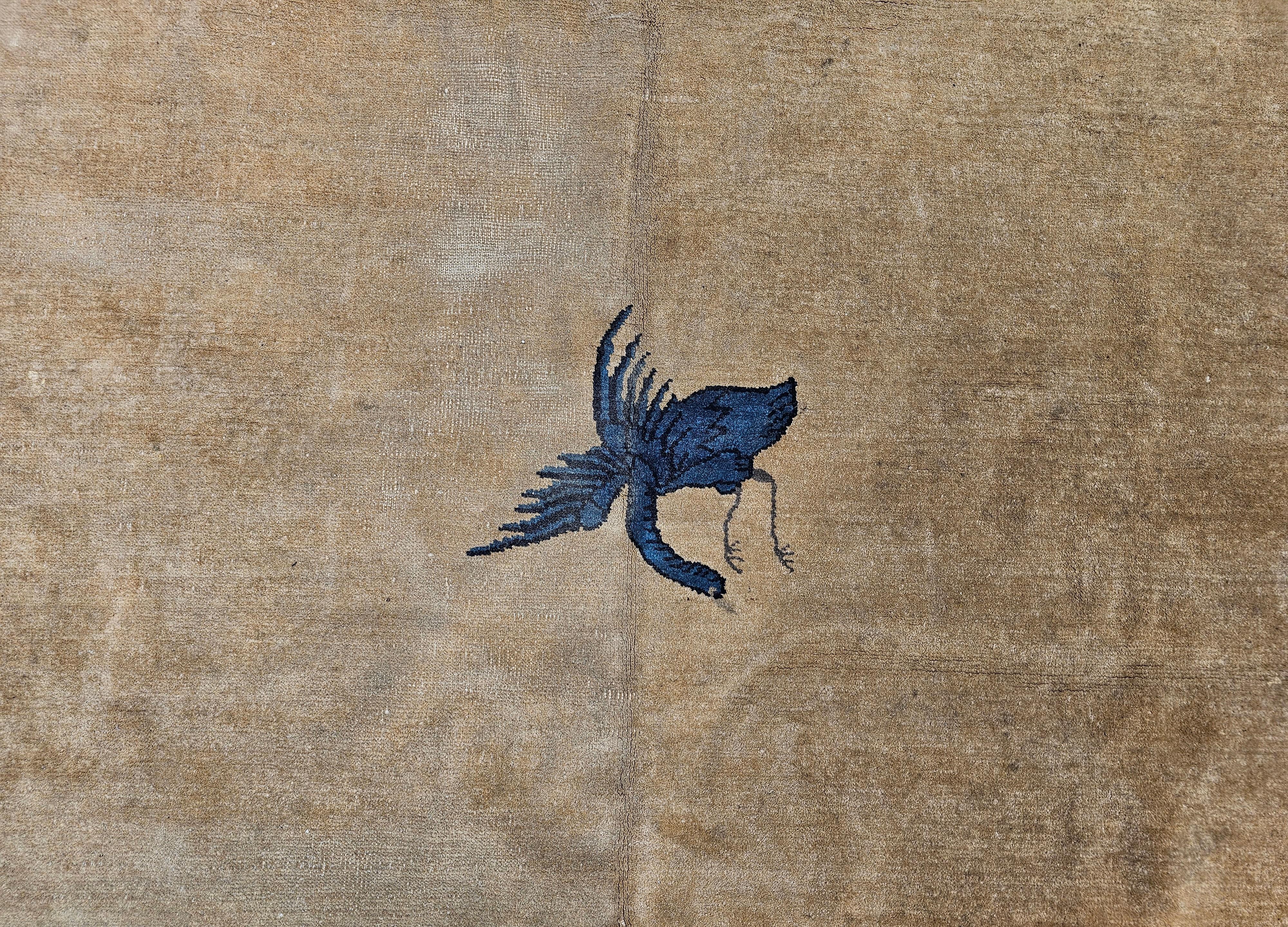 Vintage Art Deco Chinese Rug with Cranes, Pagoda, Mountains in Wheat, Blue, Navy For Sale 3
