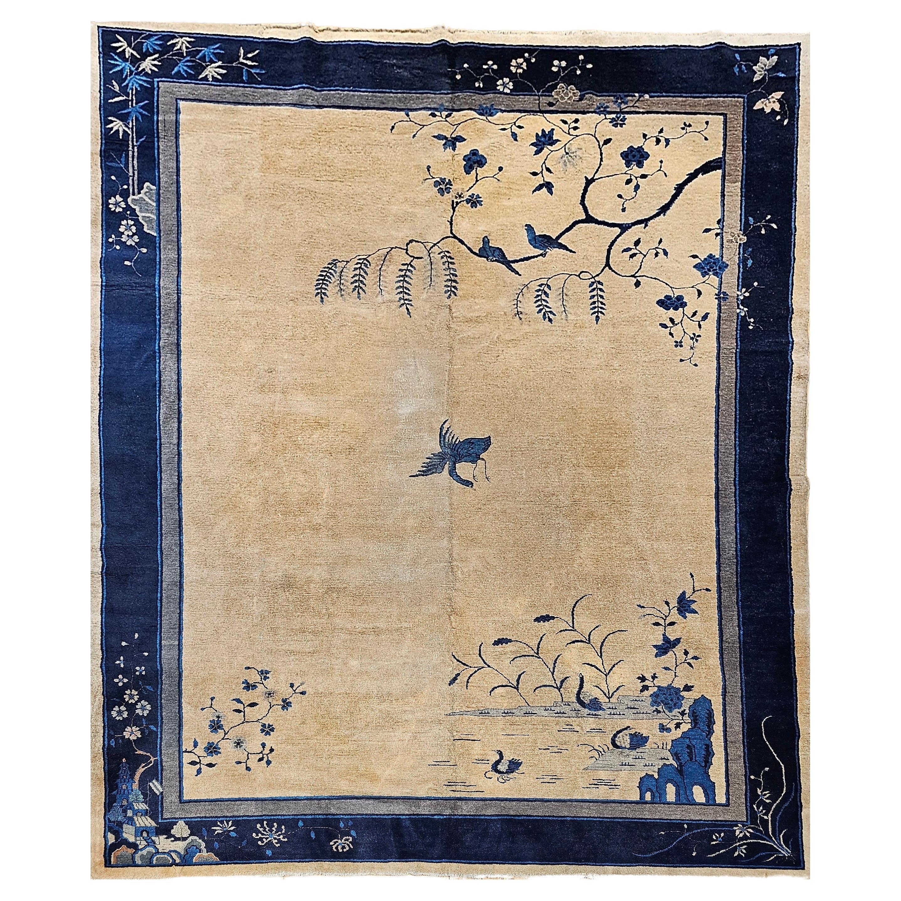 Vintage Art Deco Chinese Rug with Cranes, Pagoda, Mountains in Wheat, Blue, Navy For Sale