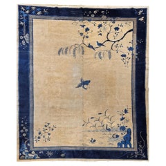 Antique Art Deco Chinese Rug with Cranes, Pagoda, Mountains in Wheat, Blue, Navy