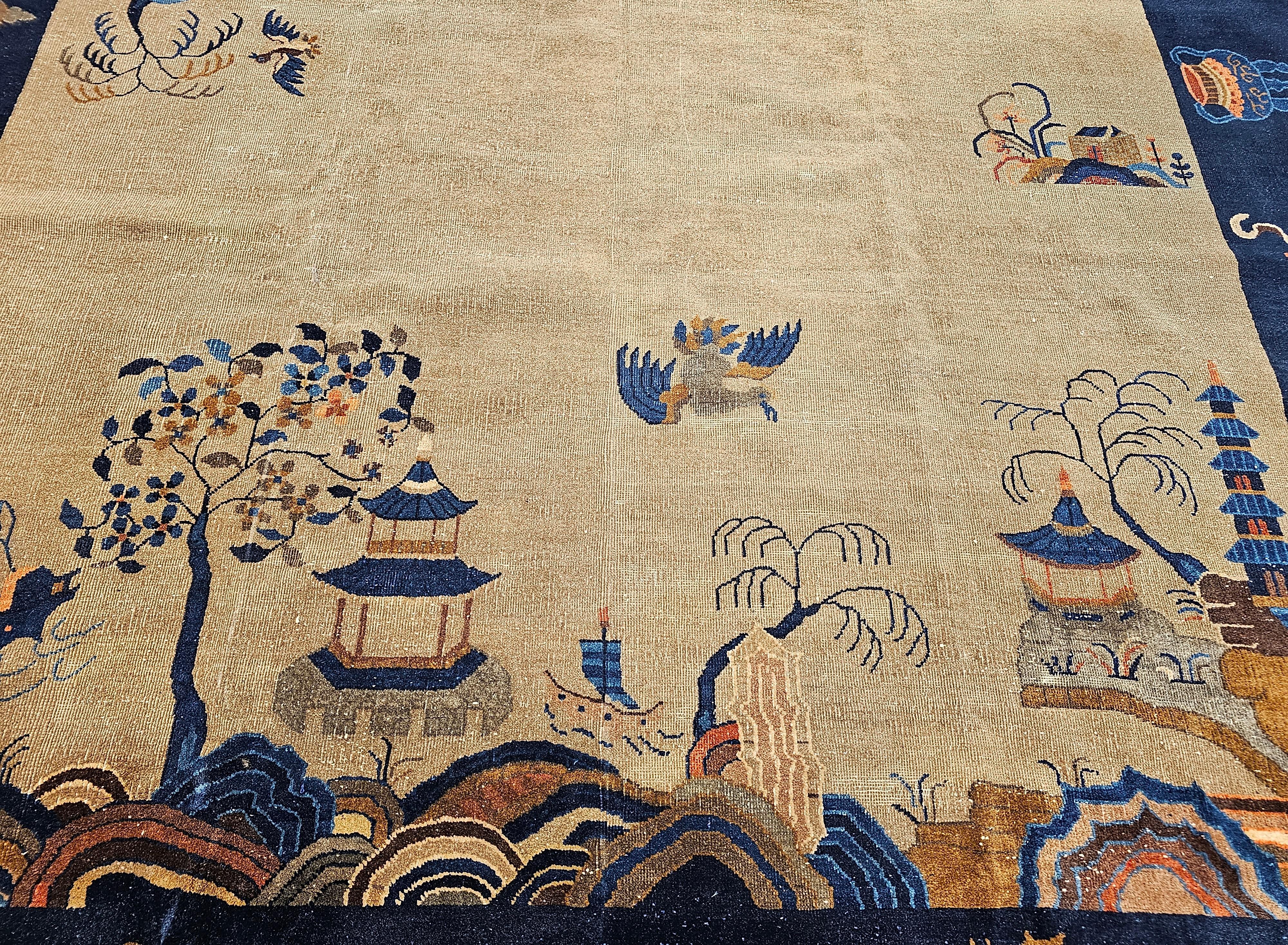 Vintage Art Déco chinois avec motif de jardin  in Oatmeal, Navy, Blue, Pink en vente 3