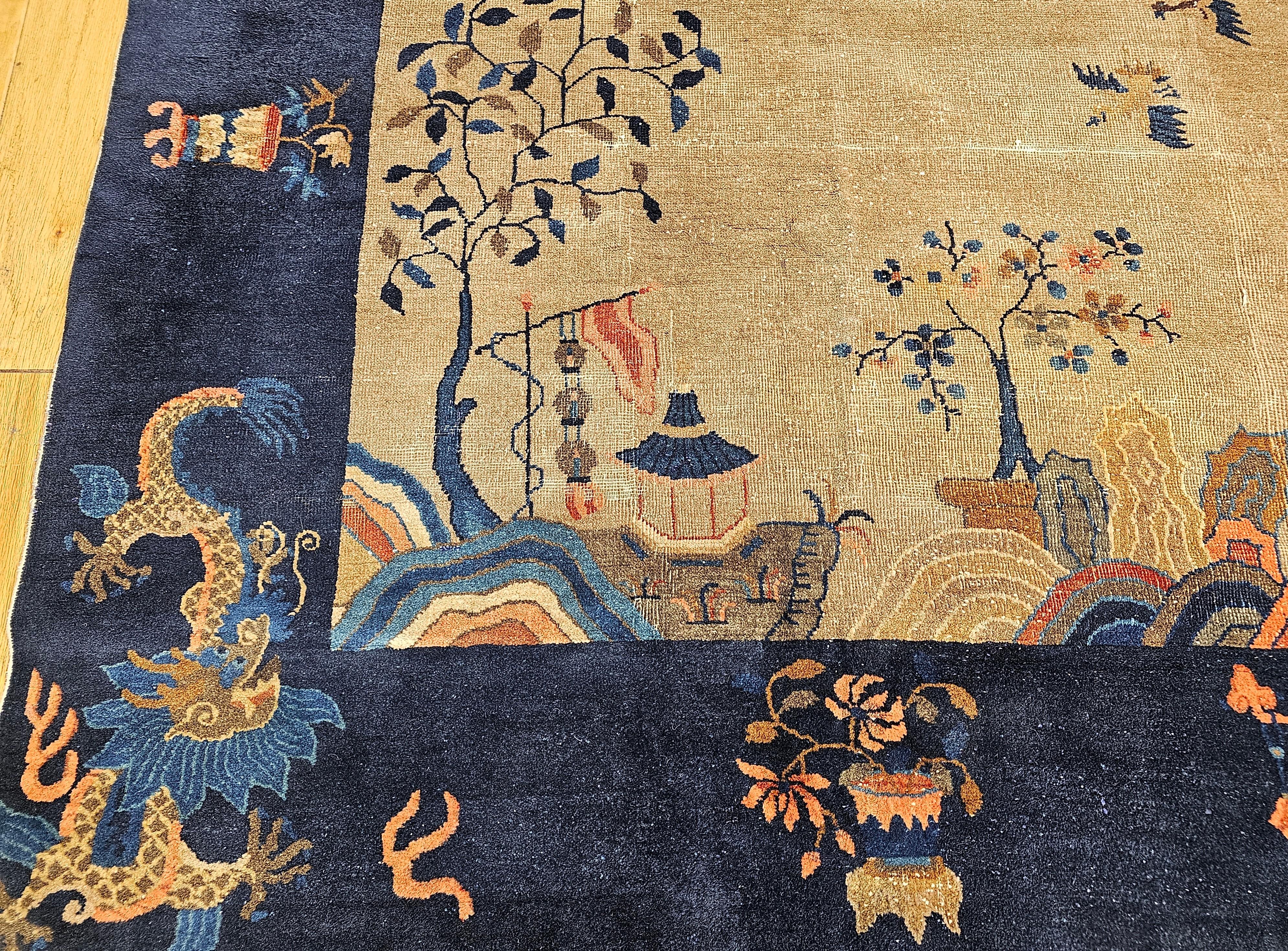 Chinois Vintage Art Déco chinois avec motif de jardin  in Oatmeal, Navy, Blue, Pink en vente