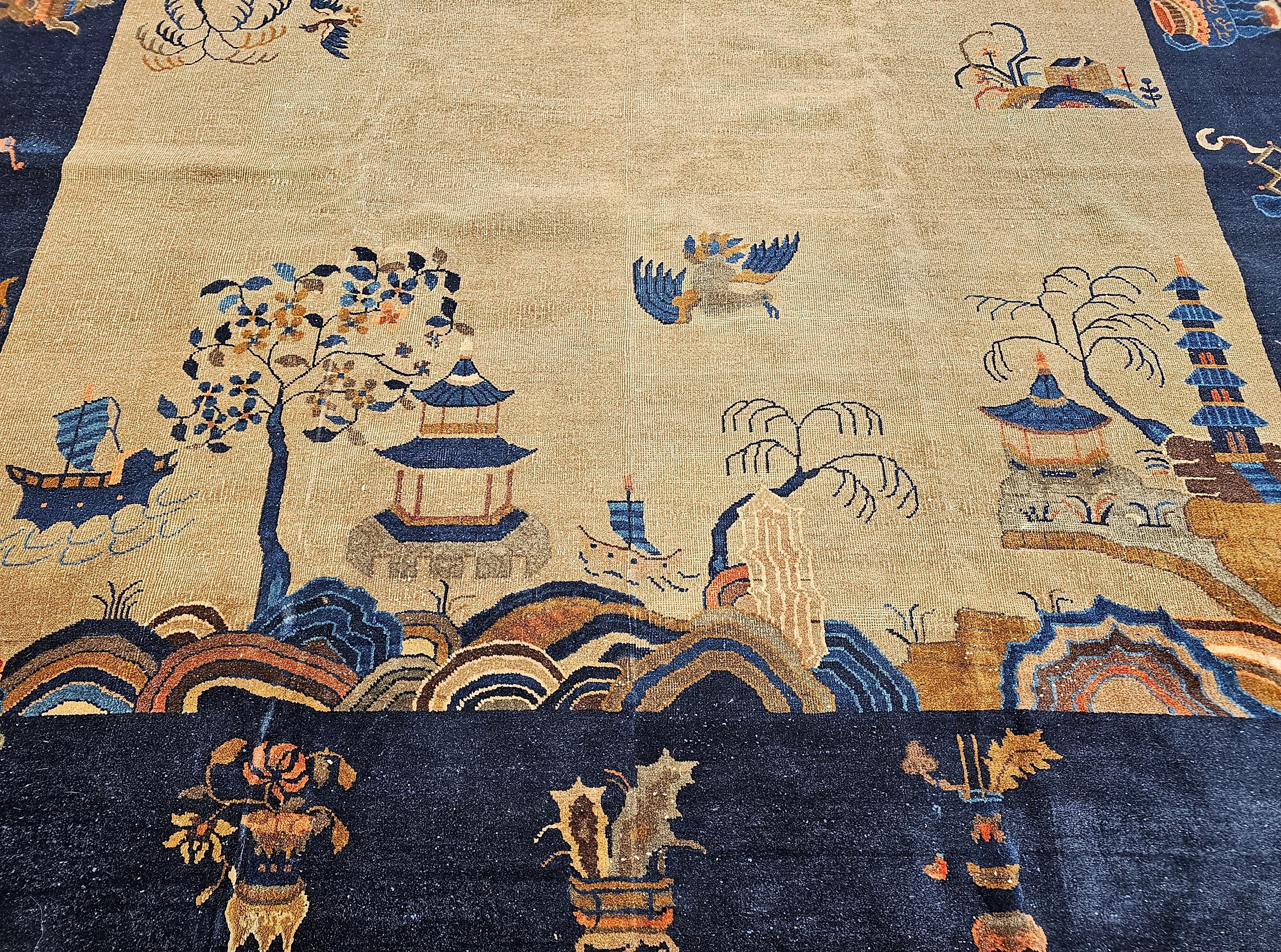 Vintage Art Déco chinois avec motif de jardin  in Oatmeal, Navy, Blue, Pink en vente 1
