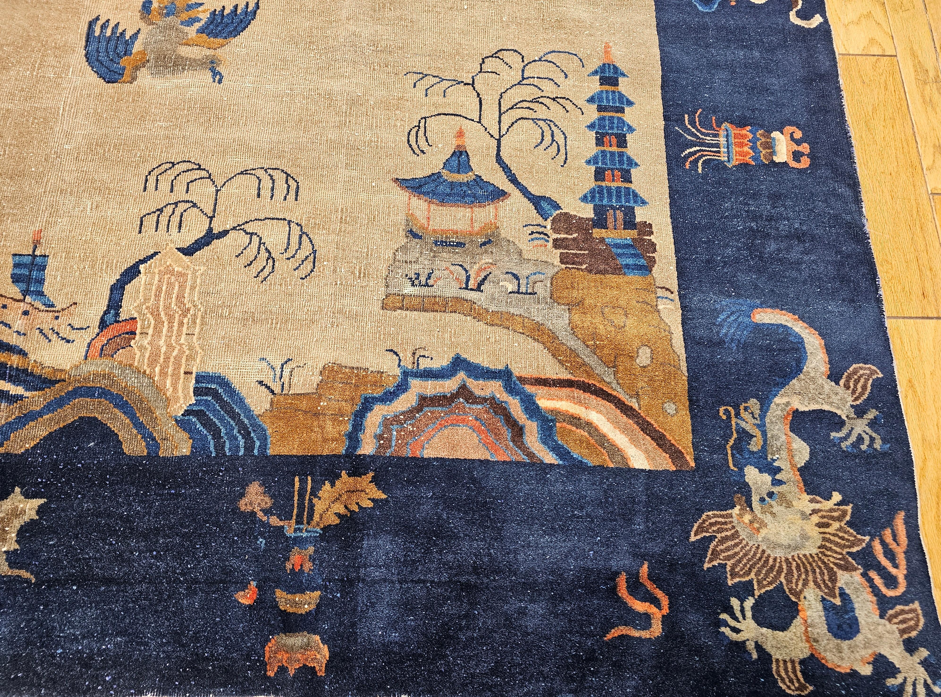 Vintage Art Déco chinois avec motif de jardin  in Oatmeal, Navy, Blue, Pink en vente 2