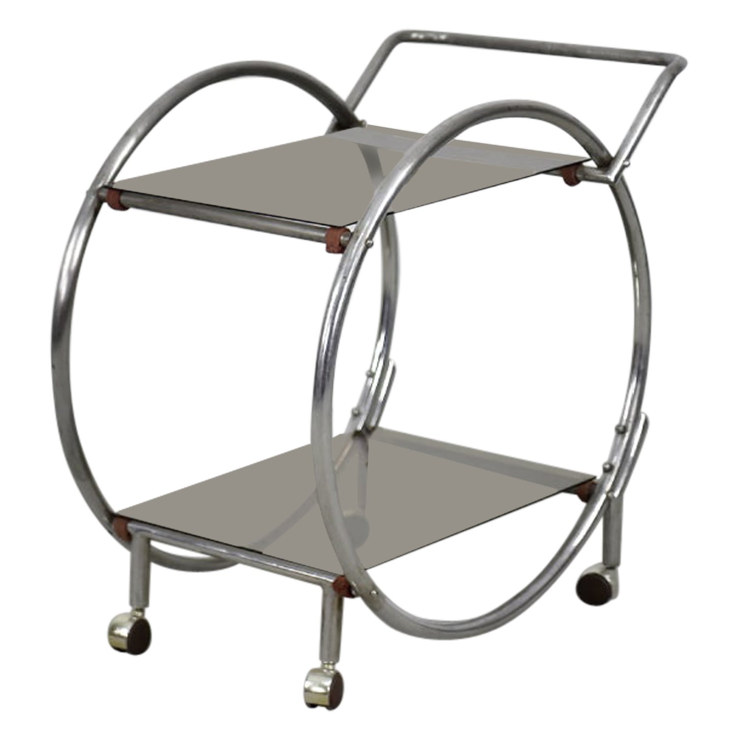 Vintage Art Déco Chrome and Brown Smoked Glass Round Two-level Bar Cart, 1930s