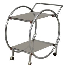 Vintage Art Déco Chrome and Brown Smoked Glass Round Two-level Bar Cart, 1930s