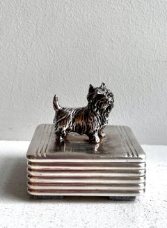 Vintage Art Deco Chrome Metal Small Jewelry Box with Terrier Handle