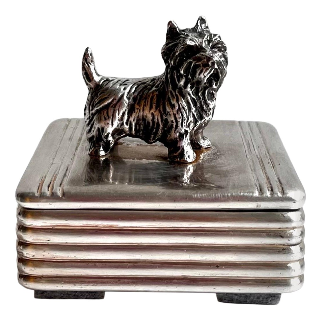 Scatola portagioie vintage in metallo cromato Art of Vintage con manico a forma di terrier