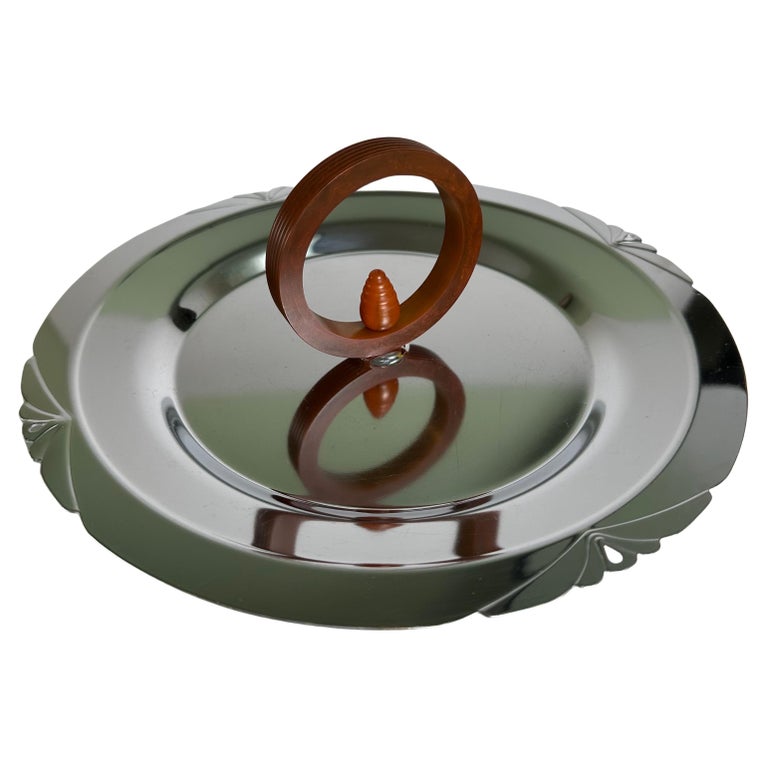 Vintage Art Deco Chrome Tray with Bakelite Handle