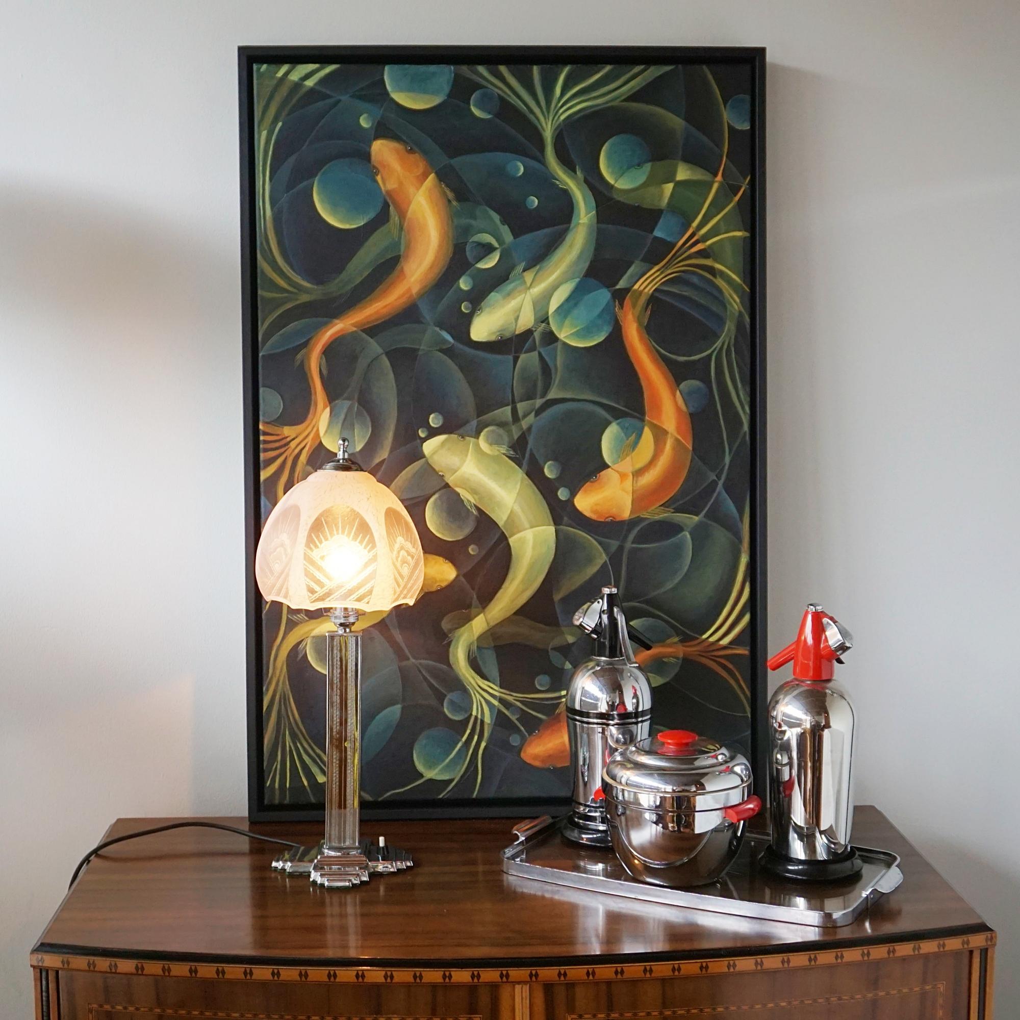 Verre Lampe de bureau Art déco vintage en métal chromé et verre en vente