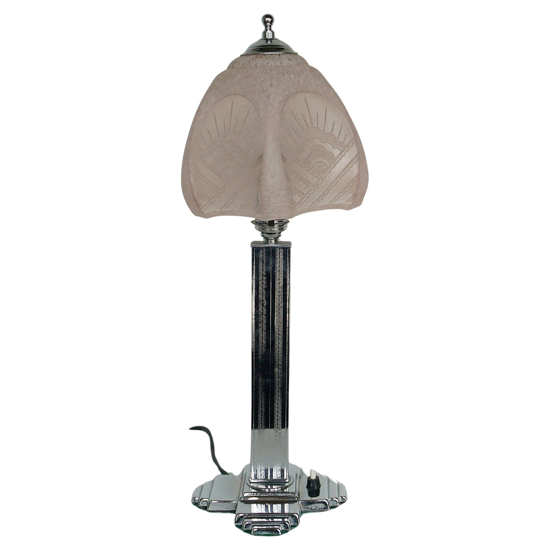 Vintage Art Deco Chromed Metal and Glass Table Lamp