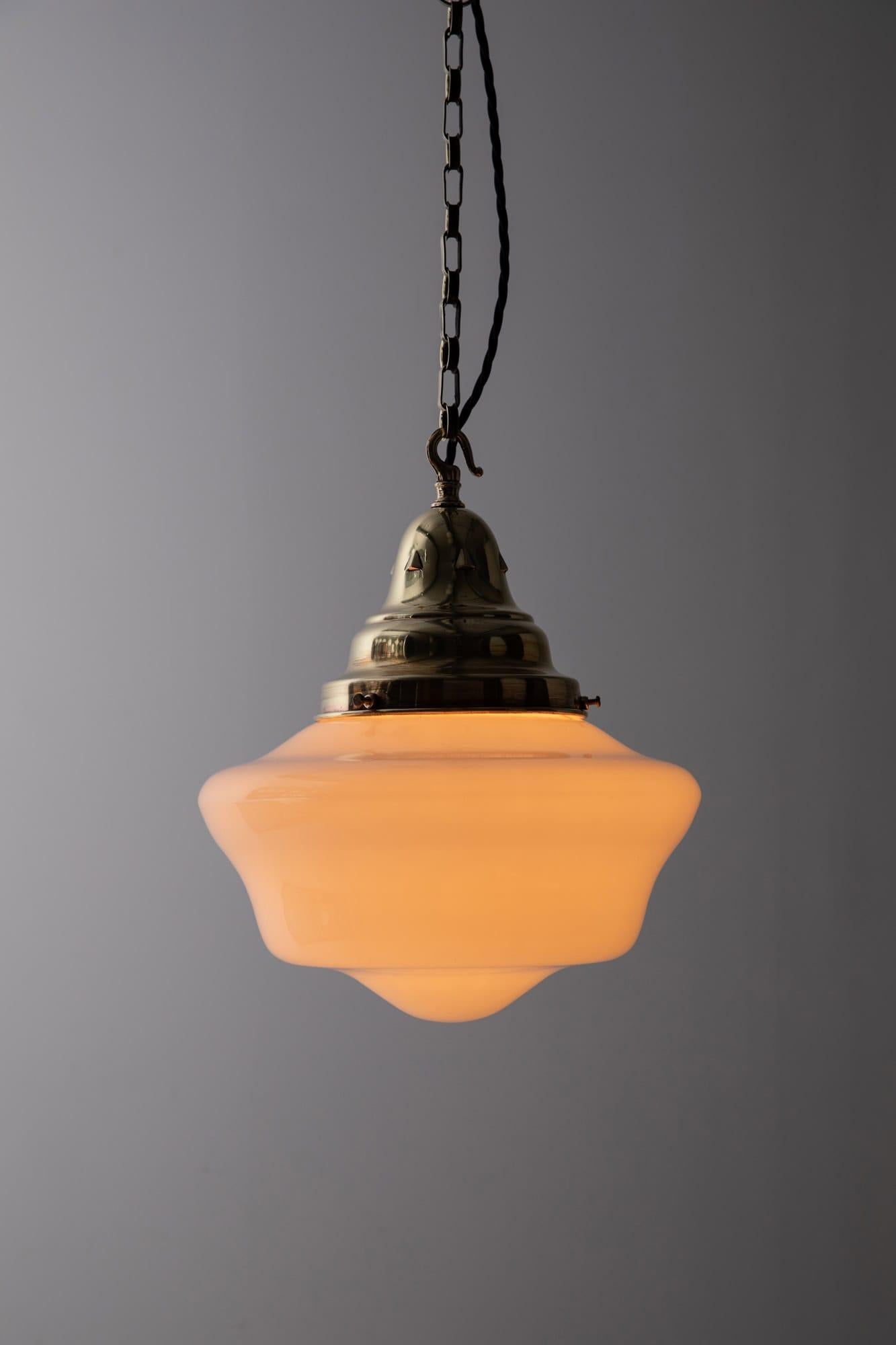 Mid-20th Century Vintage Art Deco Church Opaline Glass Pendant Lamp Brass Gallery, C.1930 For Sale