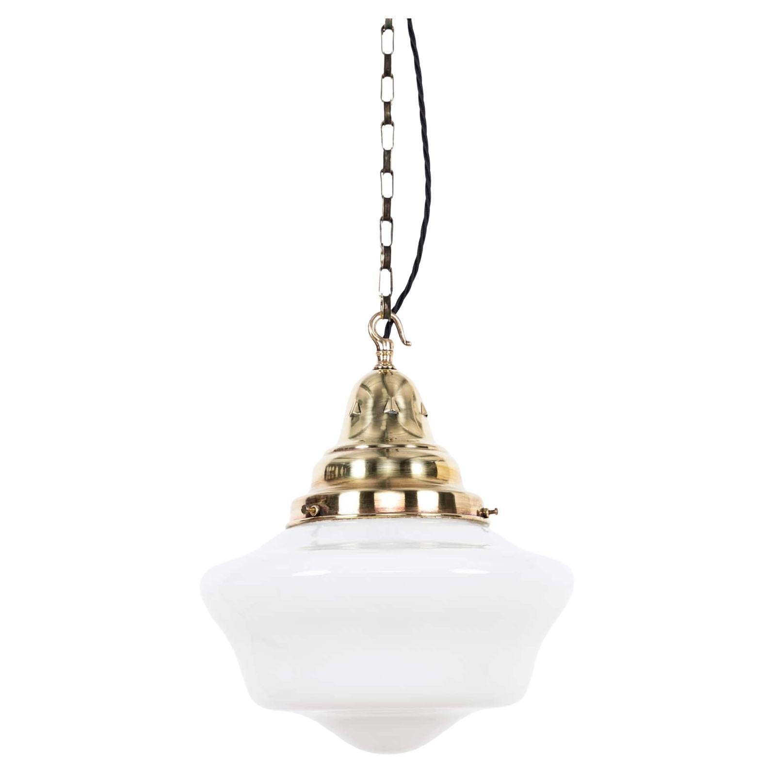 Vintage Art Deco Church Opaline Glass Pendant Lamp Brass Gallery, C.1930