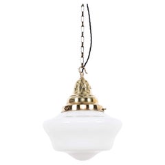 Vintage Art Deco Church Opaline Glass Pendant Lamp Brass Gallery, C.1930