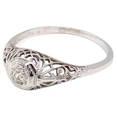 Vintage Art Deco Circa 1920s Diamond Filigree 14 Karat White Gold Ring