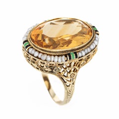 Vintage Art Deco Citrine Ring Enamel 14k Gold Filigree Cocktail Jewelry