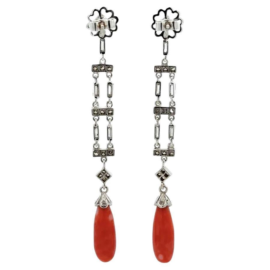 Vintage Art Deco Coral and Diamond Gold Drop Earrings