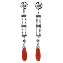 Vintage Art Deco Coral and Diamond Gold Drop Earrings