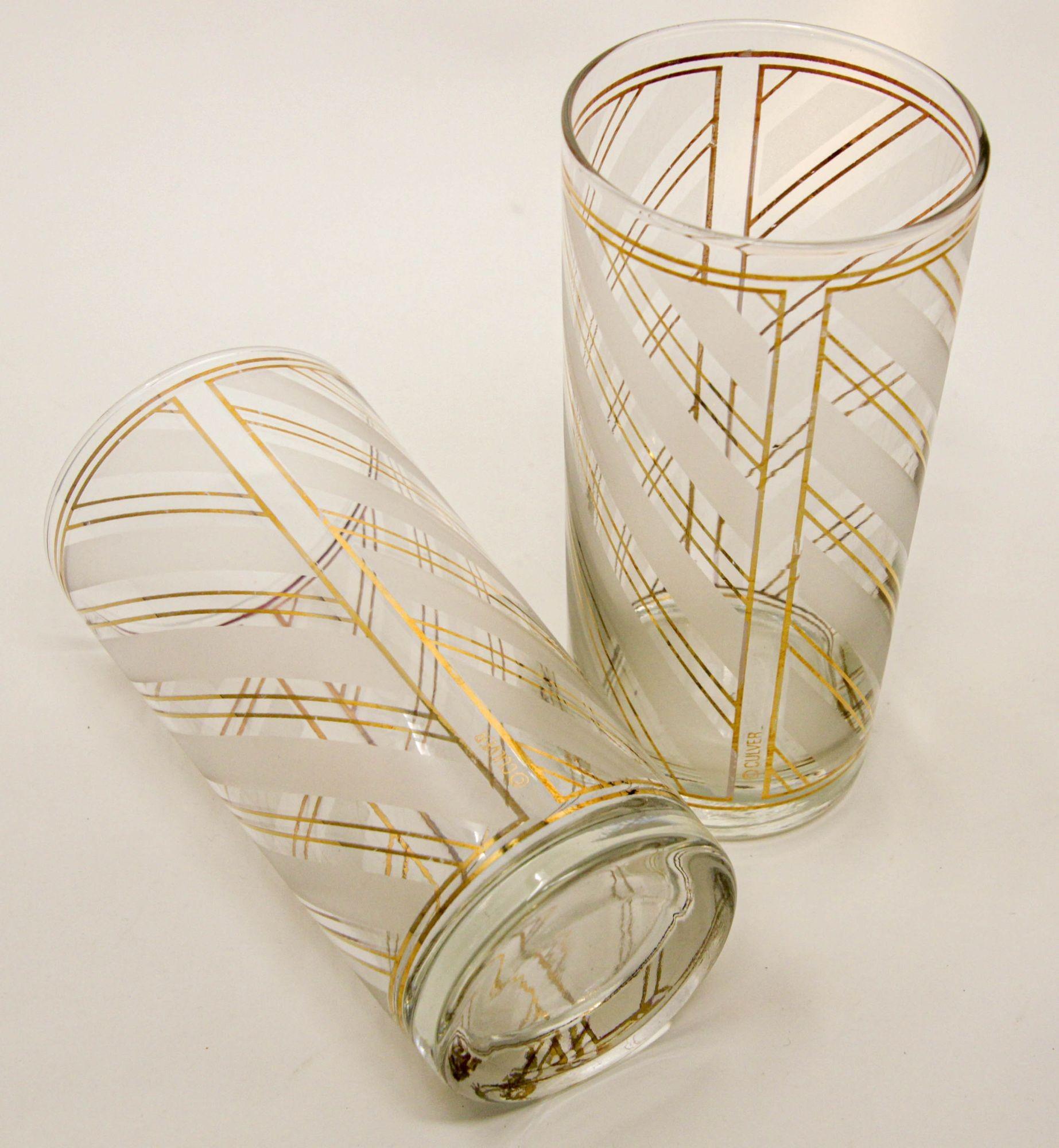 Vintage Art Deco Culver Gold Striped Set of 2 High Ball Tumblers For Sale 4
